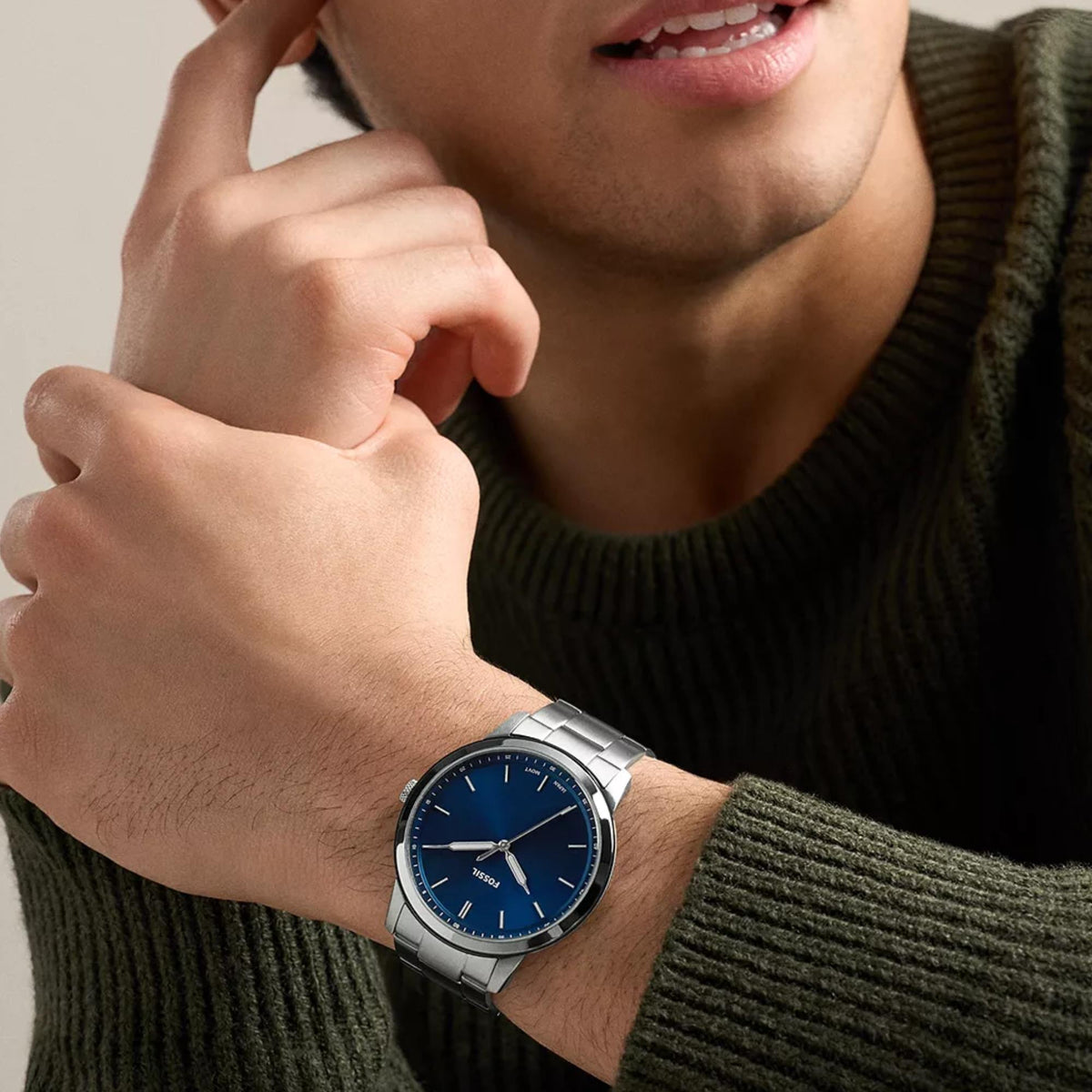 Fossil Minimalist 44mm Blue Dial Steel Mens Quartz Watch FS6180