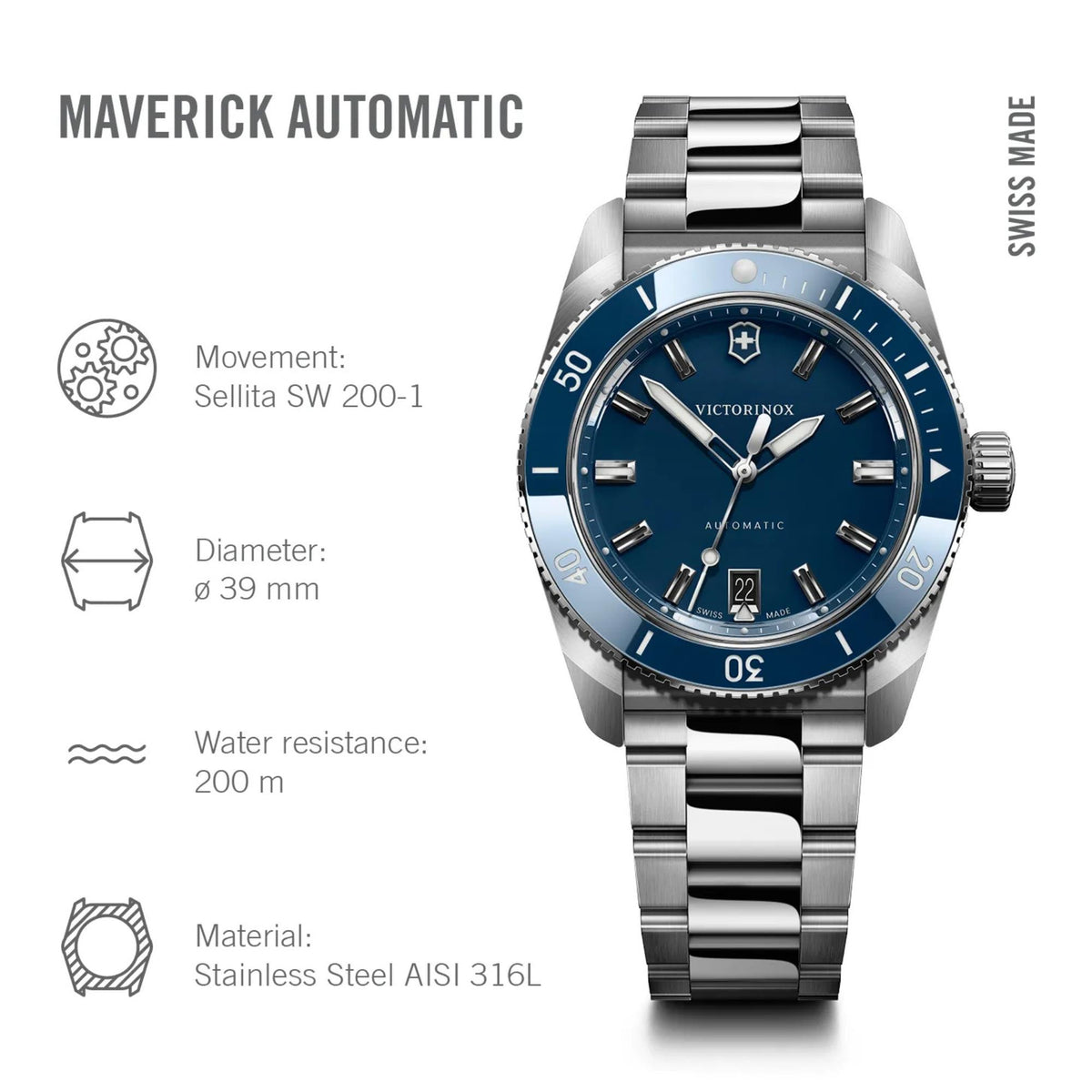 Victorinox Maverick 39mm Blue Dial Steel Mens Automatic Watch 242106