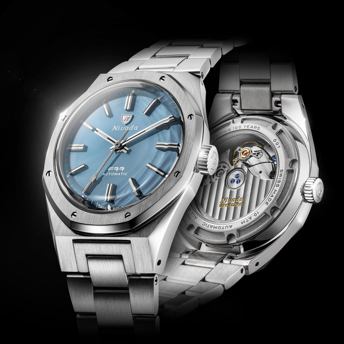 Nivada Grenchen F77 MK2 100 Years Edition 38mm Ice Agate Dial Steel Mens Automatic Watch 68061A77