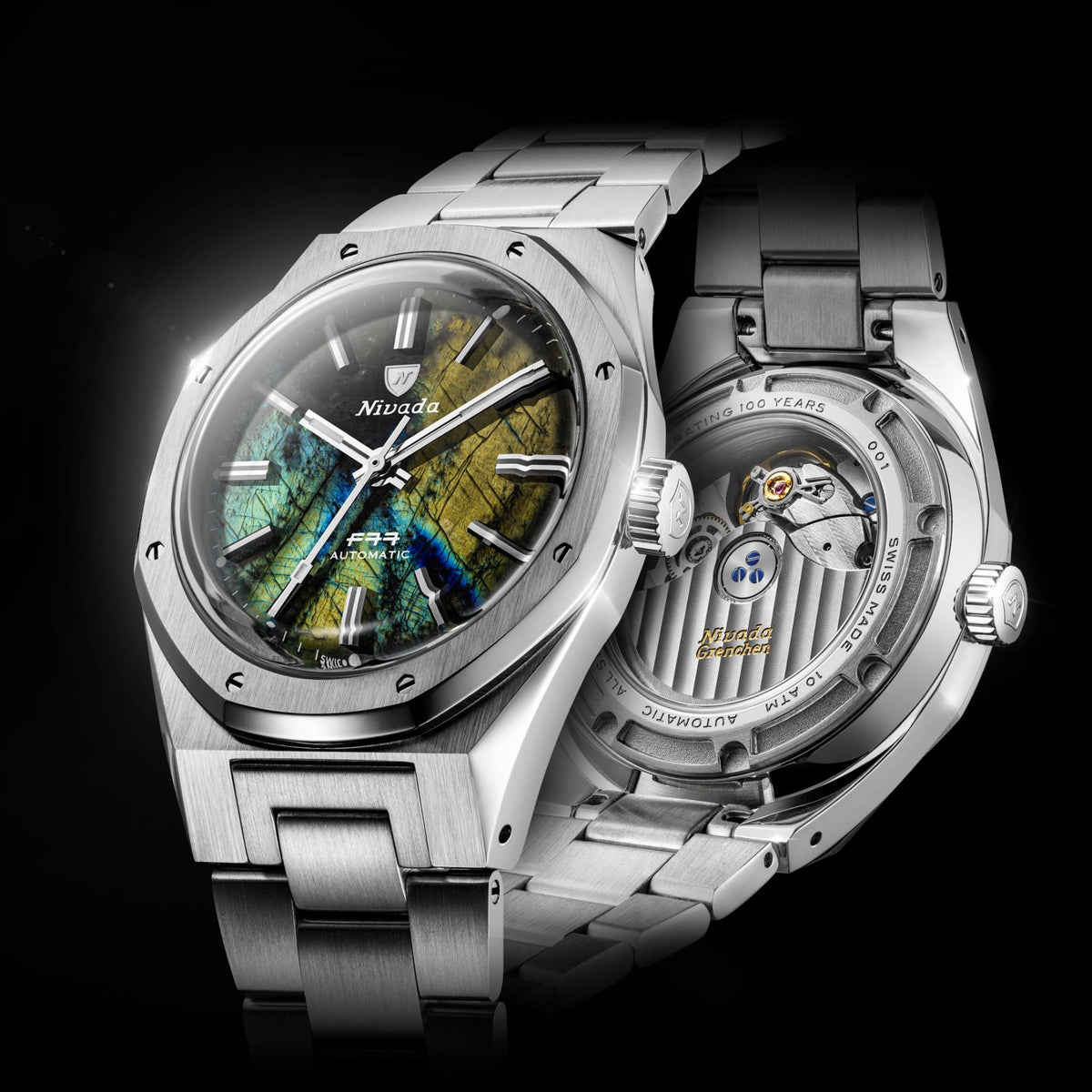 Nivada Grenchen F77 MK2 100 Years Edition 38mm Labradorite Dial Steel Mens Automatic Watch 68054A77