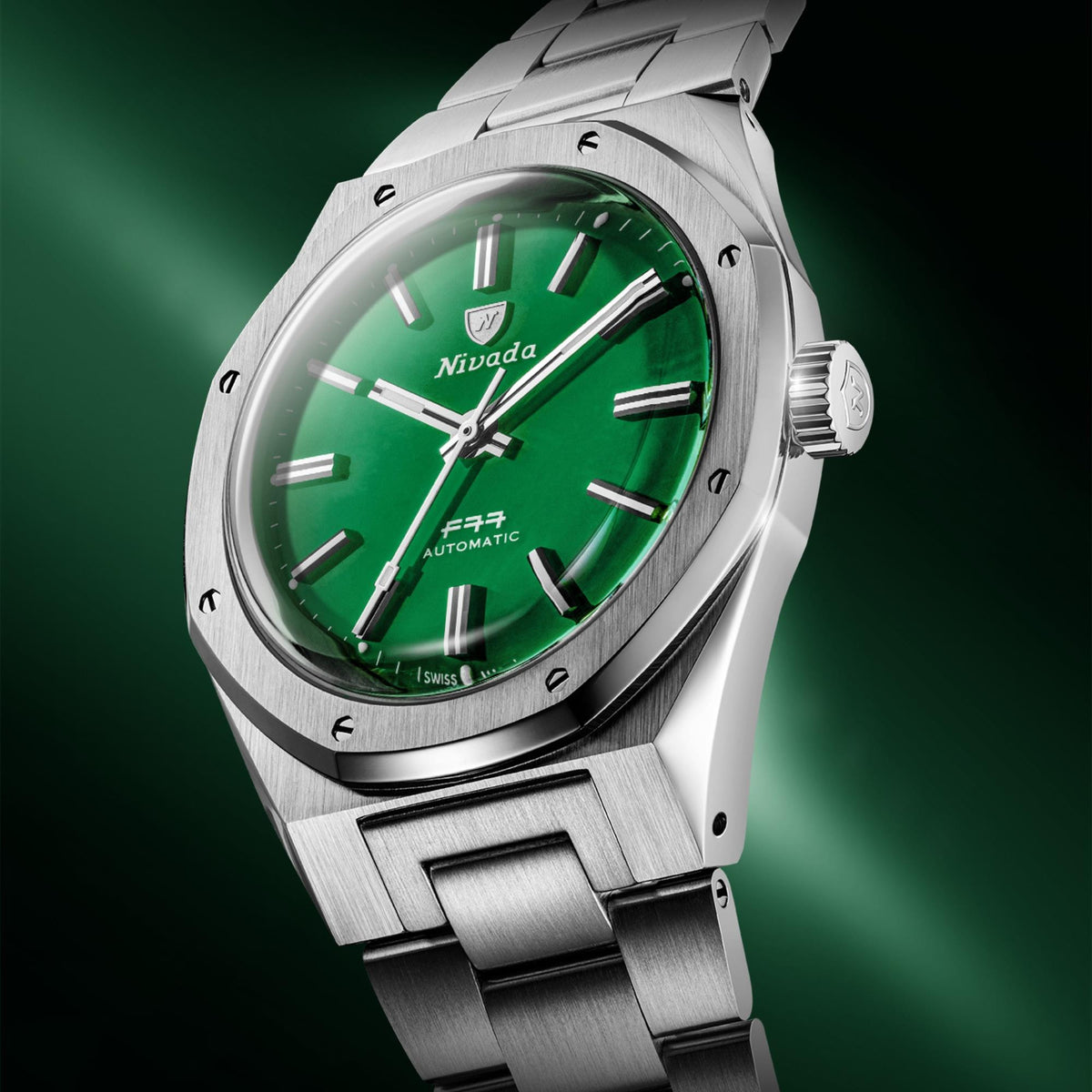 Nivada Grenchen F77 MK2 100 Years Edition 38mm Jade Dial Steel Mens Automatic Watch 68055A77