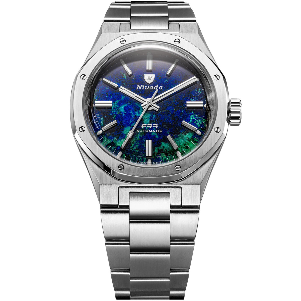 Nivada Grenchen F77 MK2 100 Years Edition 38mm Azurite Dial Steel Mens Automatic Watch 68056A77