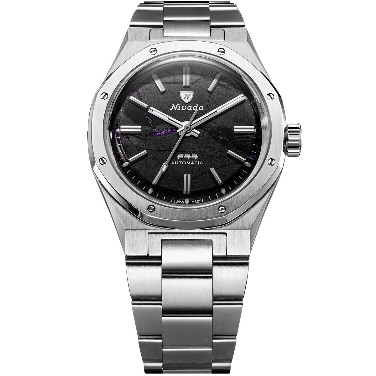 Nivada Grenchen F77 MK2 100 Years Edition 38mm Shungite Black Dial Steel Mens Automatic Watch 68058A77
