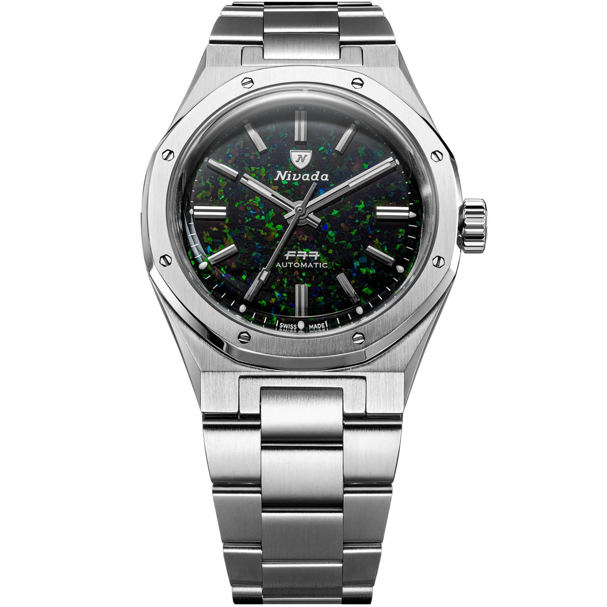 Nivada Grenchen F77 MK2 100 Years Edition 38mm Black Opal Dial Steel Mens Automatic Watch 68062A77