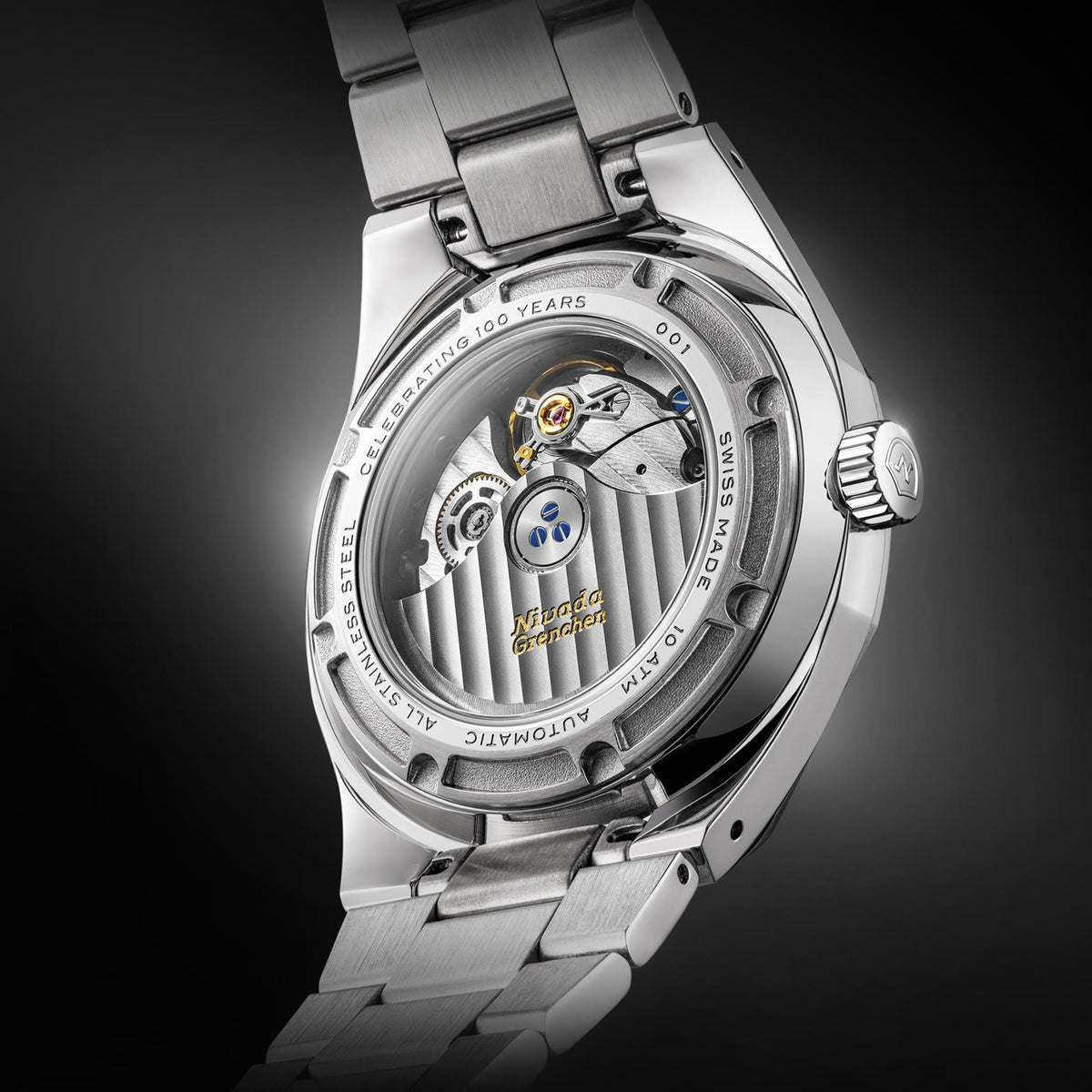 Nivada Grenchen F77 MK2 100 Years Edition 38mm Black Opal Dial Steel Mens Automatic Watch 68062A77