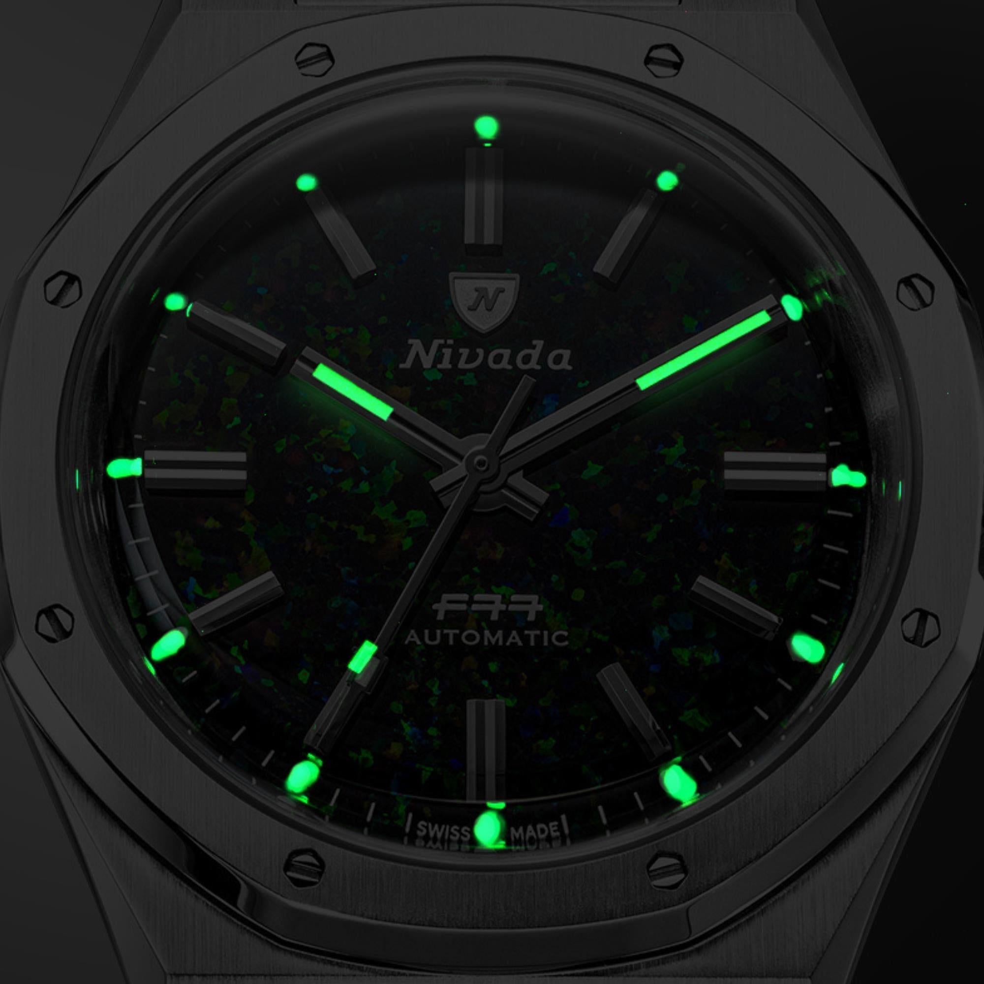 Nivada Grenchen F77 MK2 Black Opal Dial Rubber Watch 68062A77-DR
