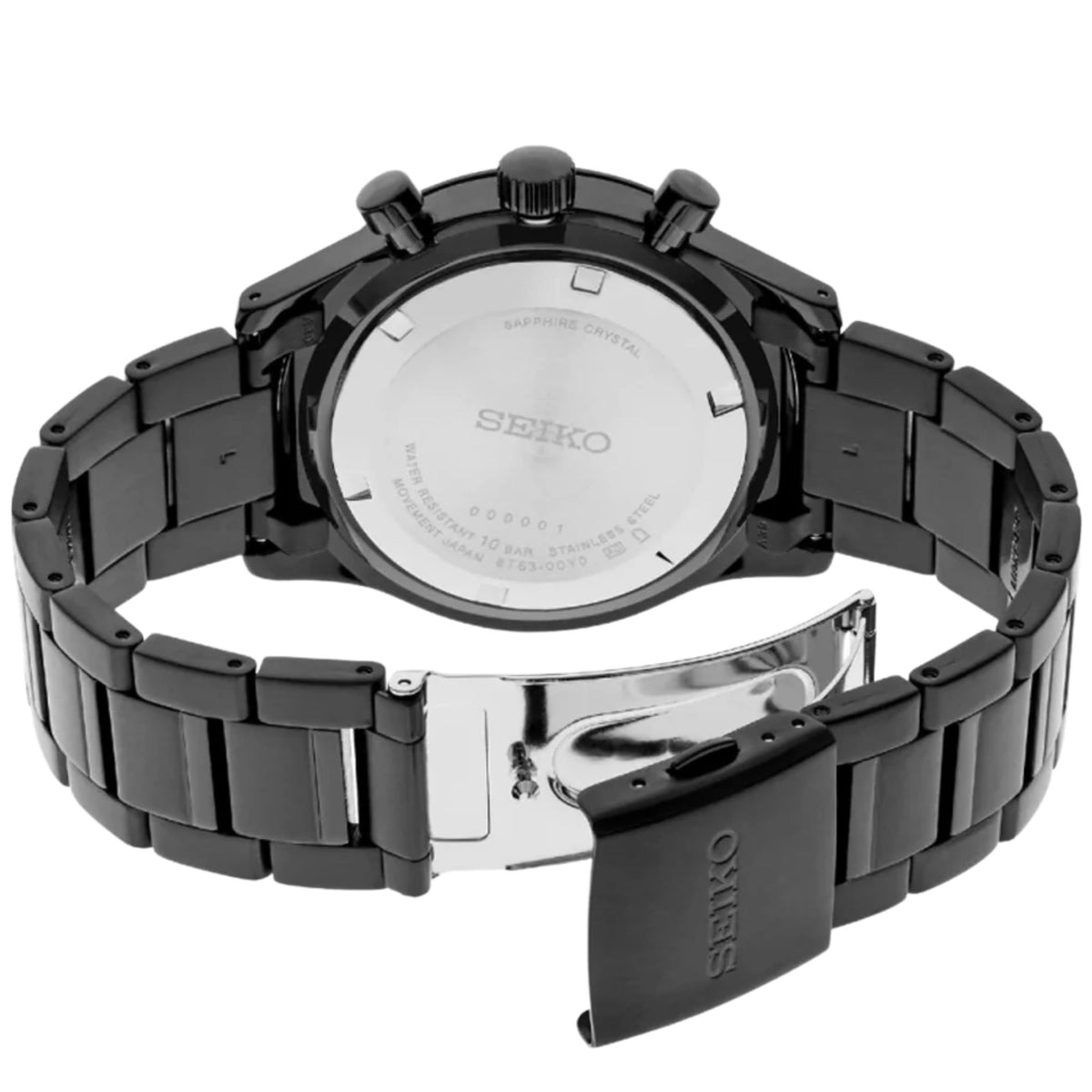 Seiko Essentials 43mm Chronograph Black Dial Steel Mens Quartz Watch SSB415P1