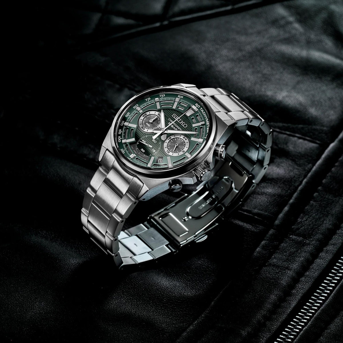 Seiko Essentials 41mm Chronograph Green Dial Steel Mens Quartz Watch SSB405P1