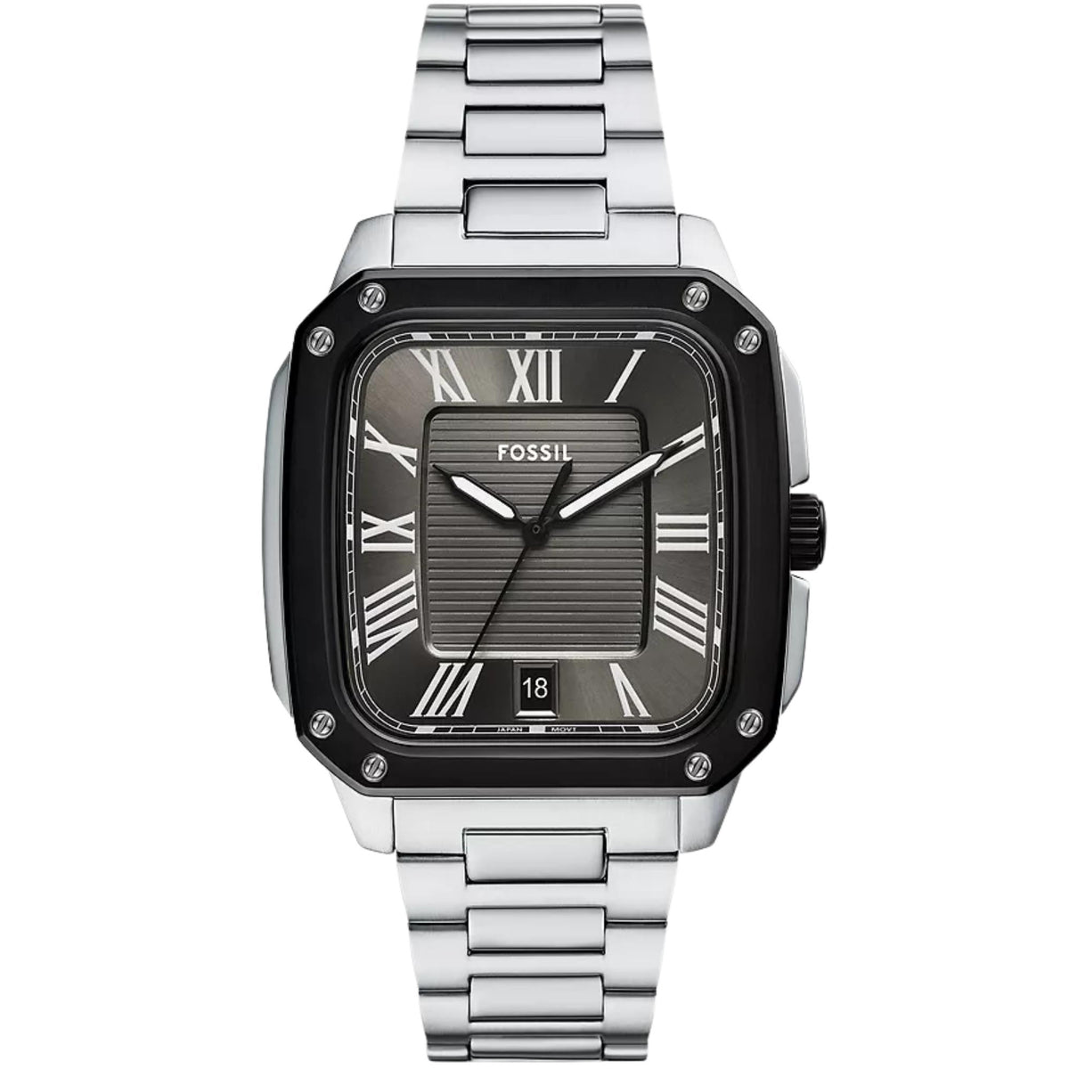 Fossil Crosby FS6122 front view of grey dial with steel case and bracelet
