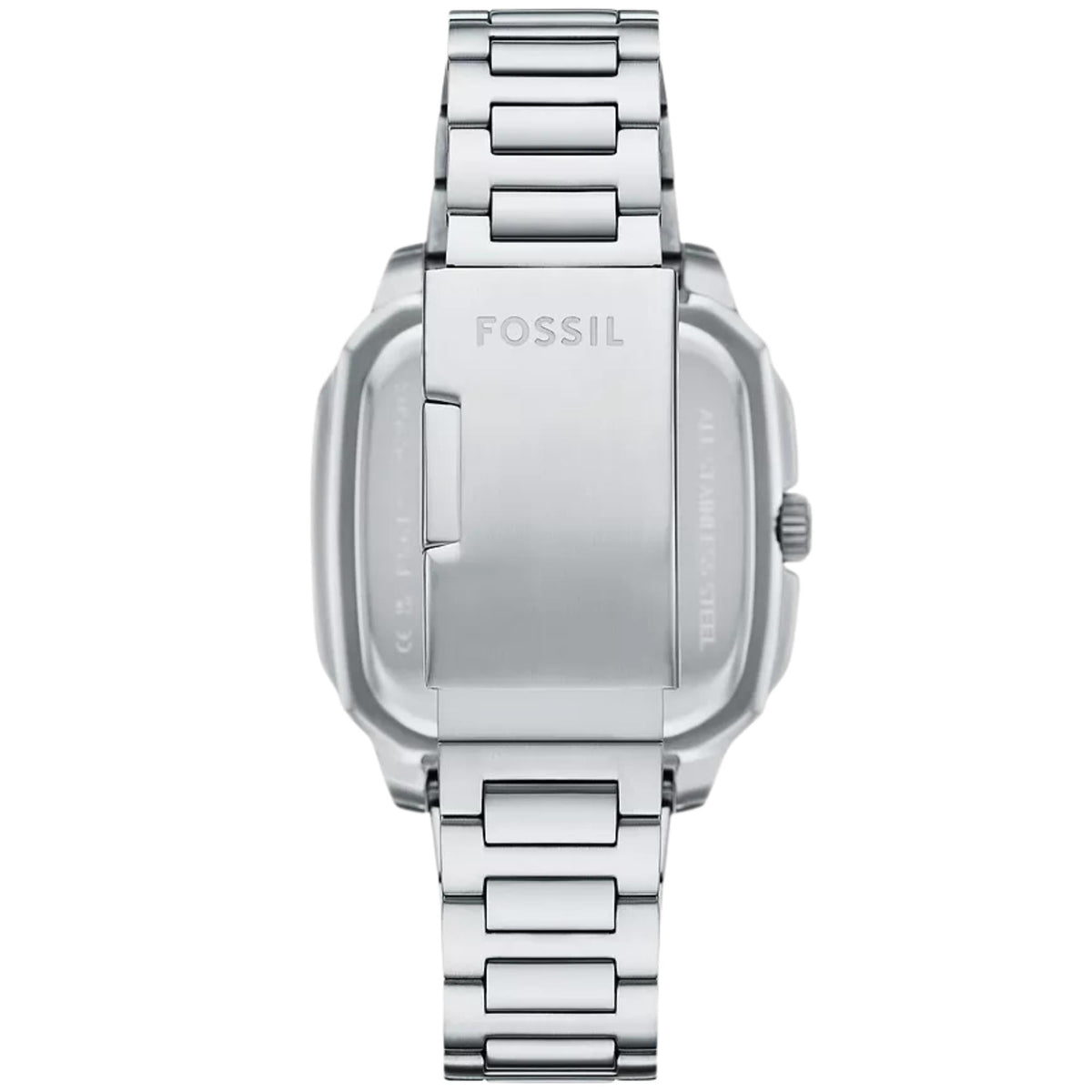 Fossil Crosby FS6122 back view highlighting steel case back and bracelet foldover clasp