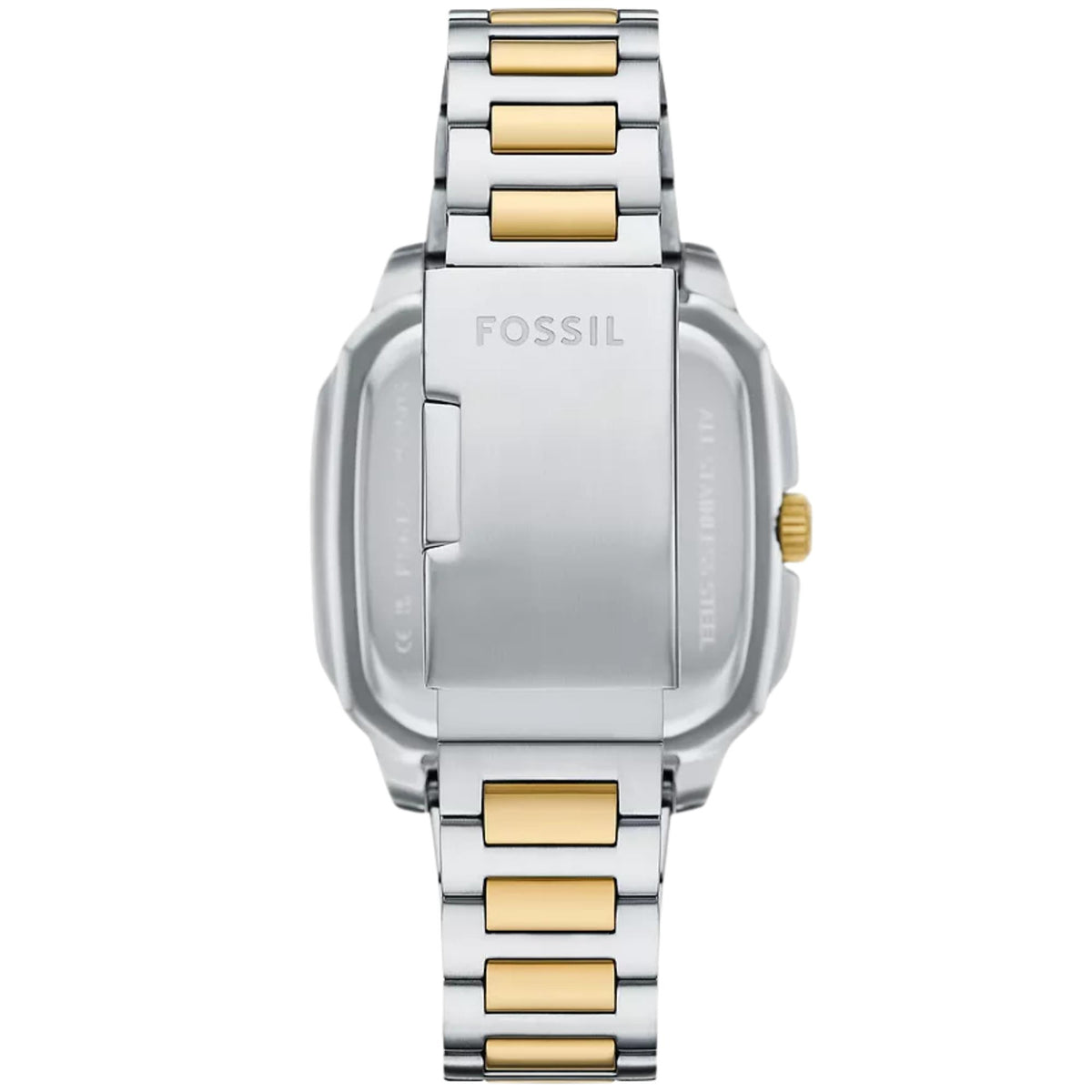 Fossil Crosby FS6123 back view highlighting steel case back and bracelet foldover clasp