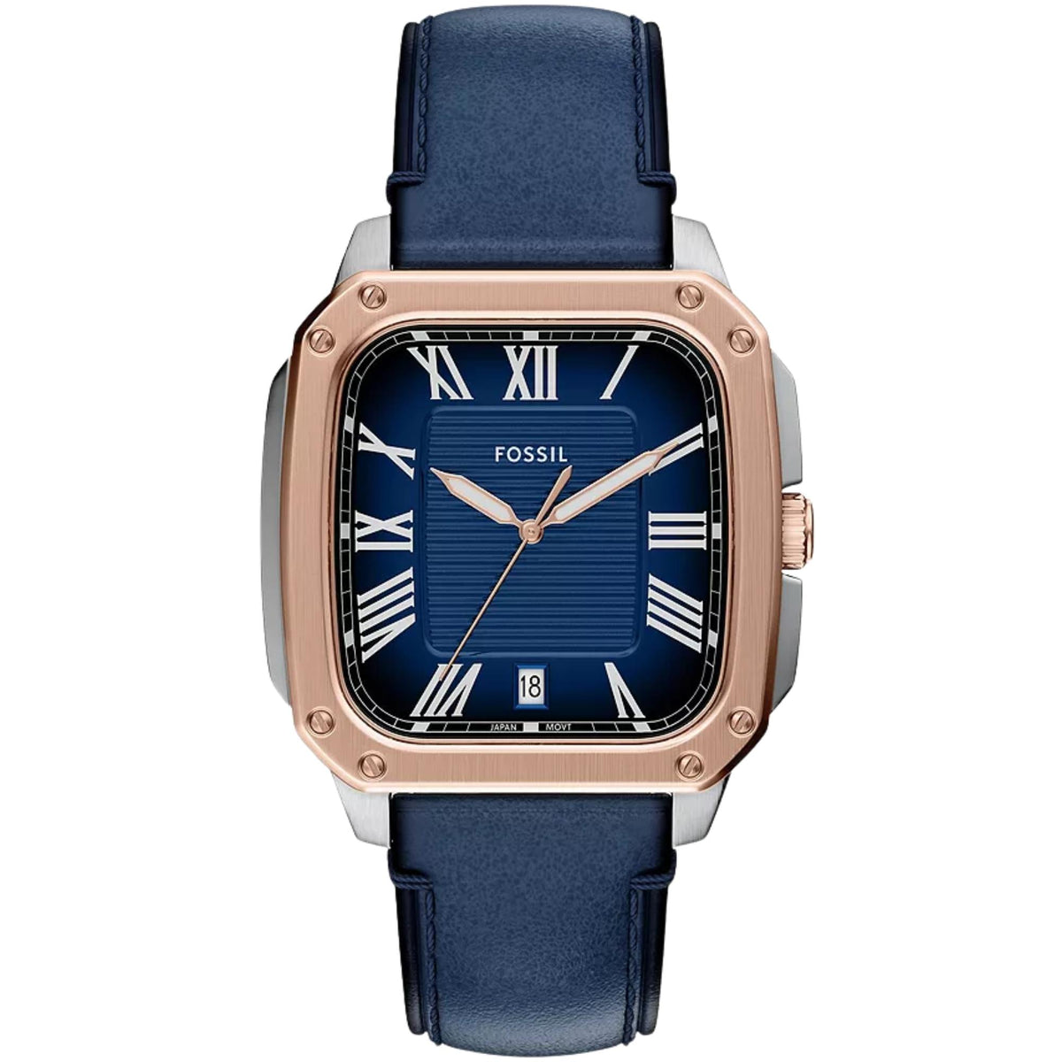 Fossil Crosby FS6149 front view of blue dial with steel case and leather strap