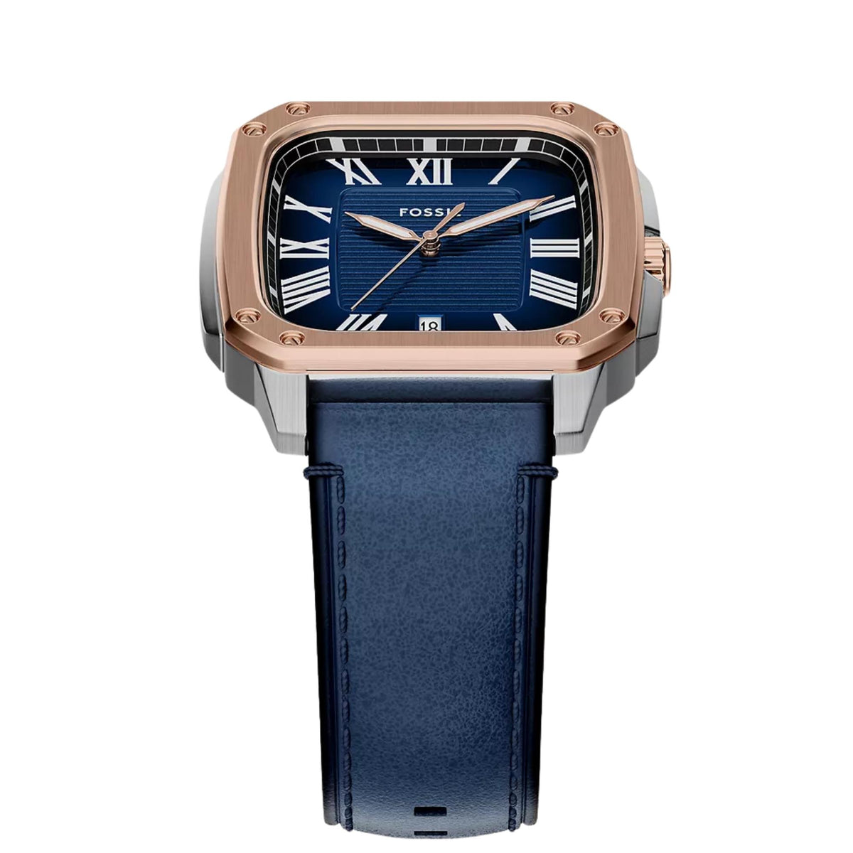 Fossil Crosby FS6149 front view of watch head with blue leather strap