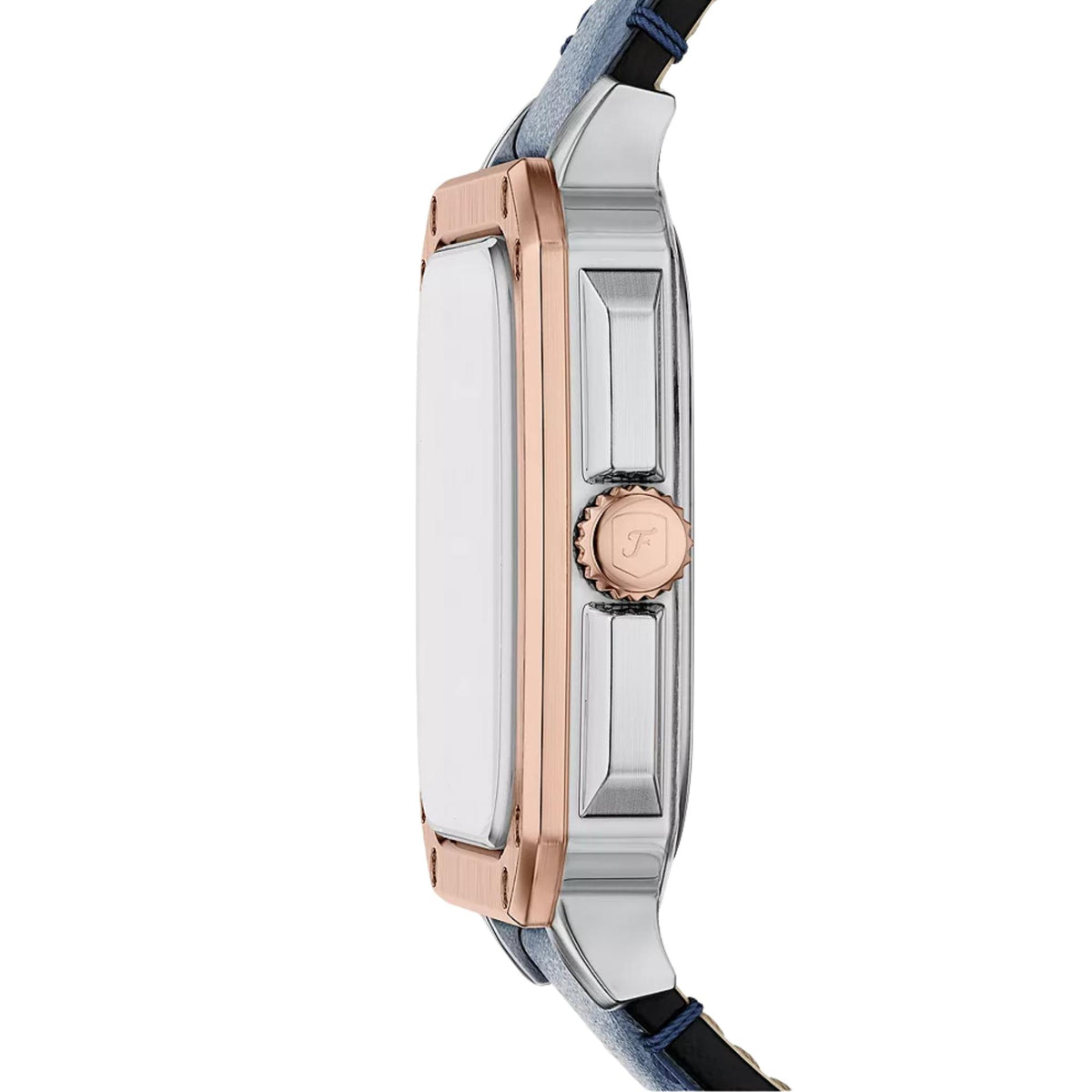 Fossil Crosby FS6149 side profile view showing case edge and signed crown