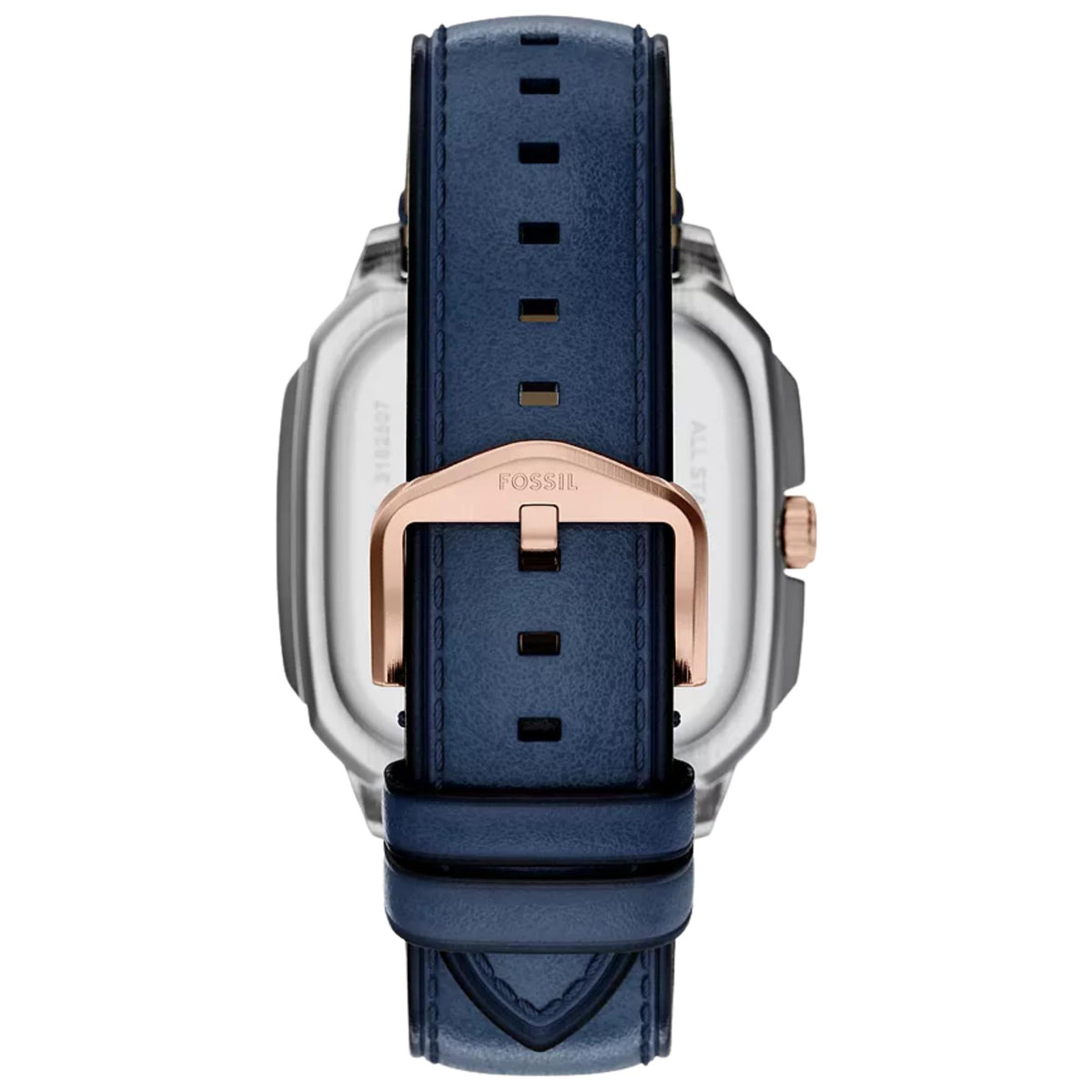 Fossil Crosby FS6149 rear view focusing on leather strap buckle and pin
