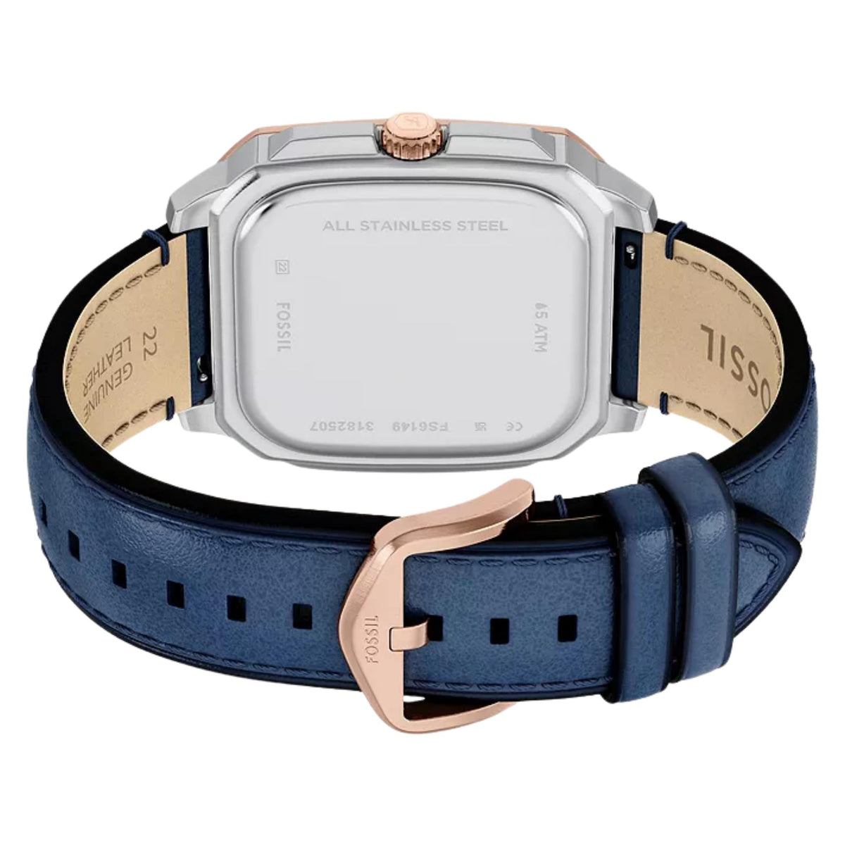 Fossil Crosby FS6149 back view showing stainless steel case back and leather strap pin buckle