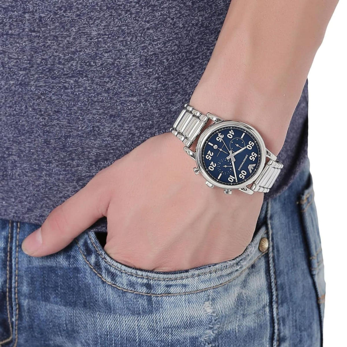 Emporio Armani Luigi 43mm Chronograph Blue Dial Steel Mens Quartz Watch AR11132