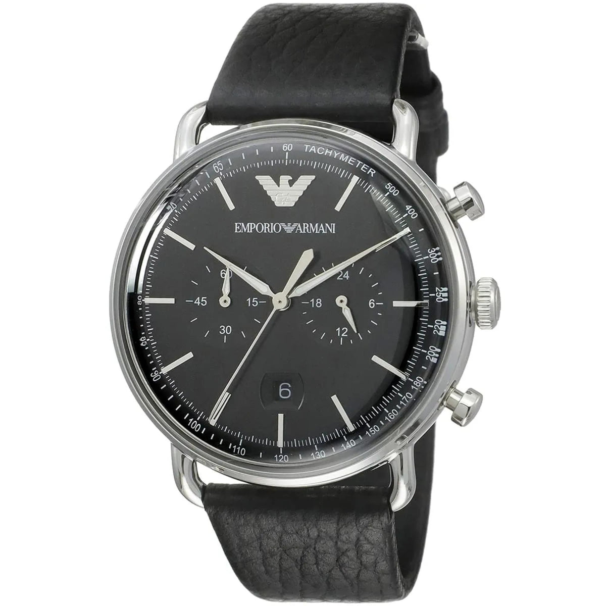 Emporio Armani Aviator 43mm Chronograph Black Dial Leather Mens Quartz Watch AR11143