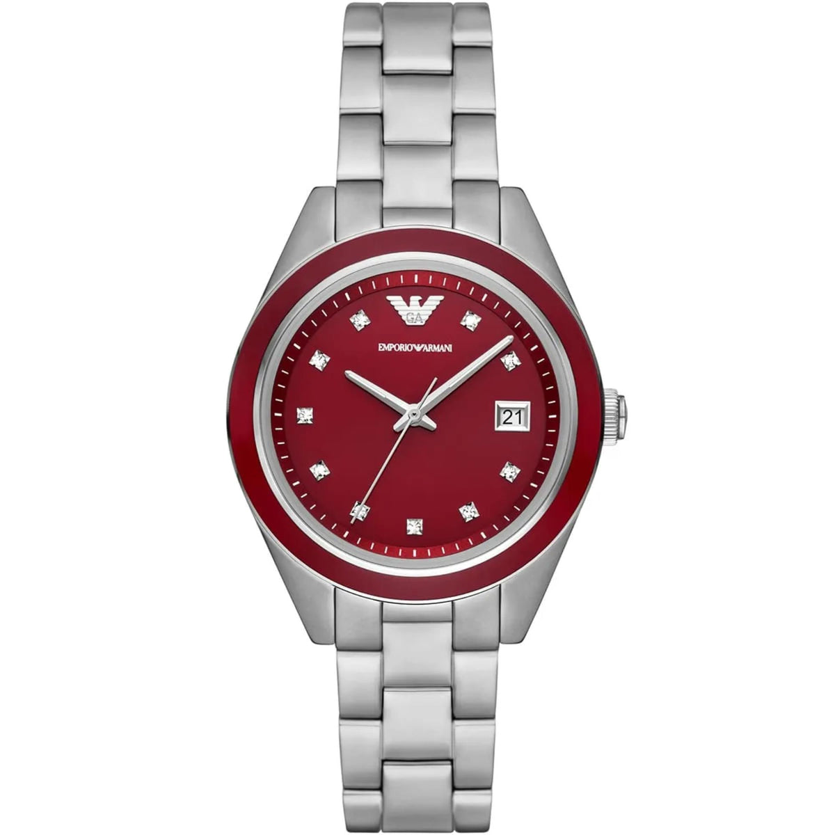 Emporio Armani Leo 36mm Red Dial Steel Ladies Quartz Watch AR11544