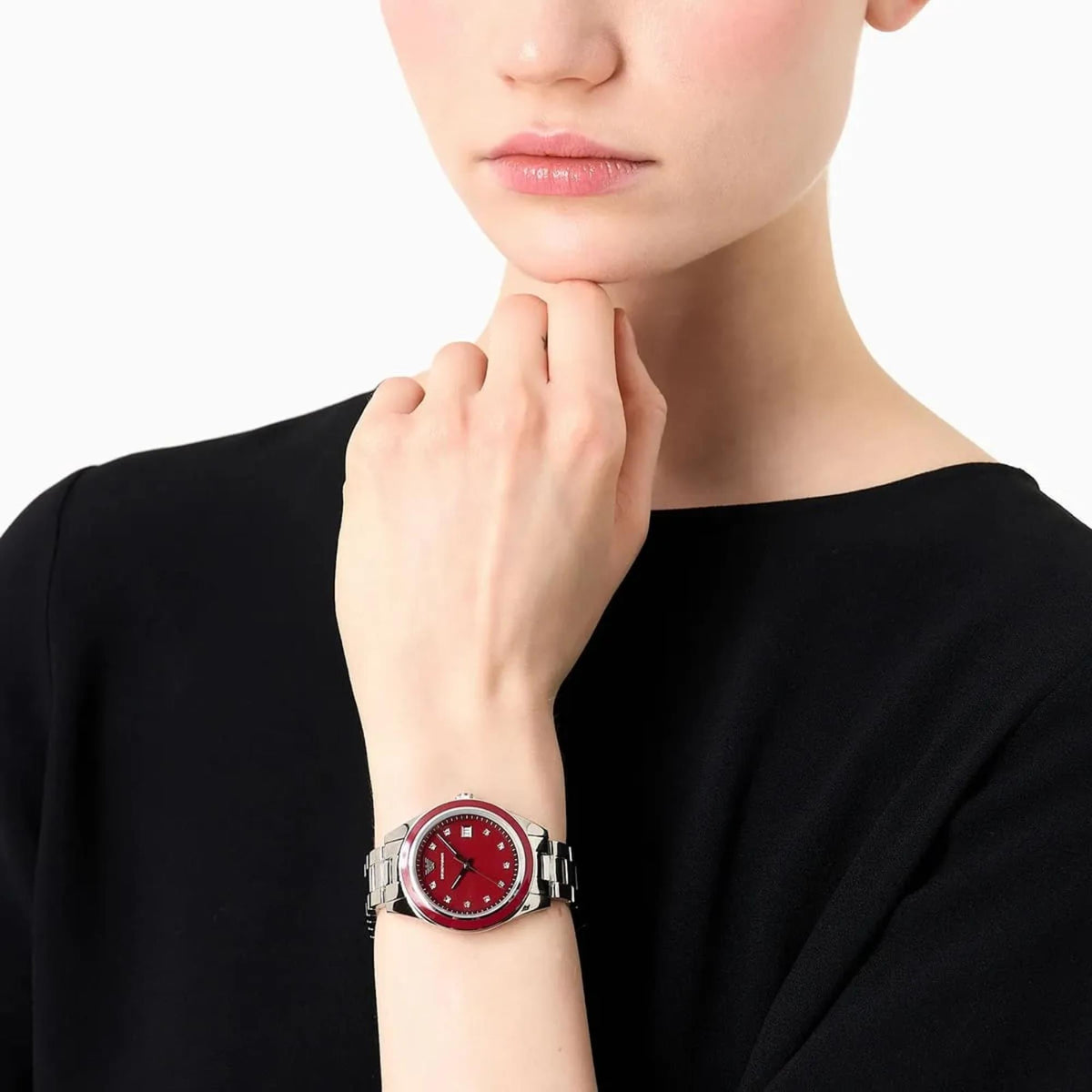 Emporio Armani Leo 36mm Red Dial Steel Ladies Quartz Watch AR11544