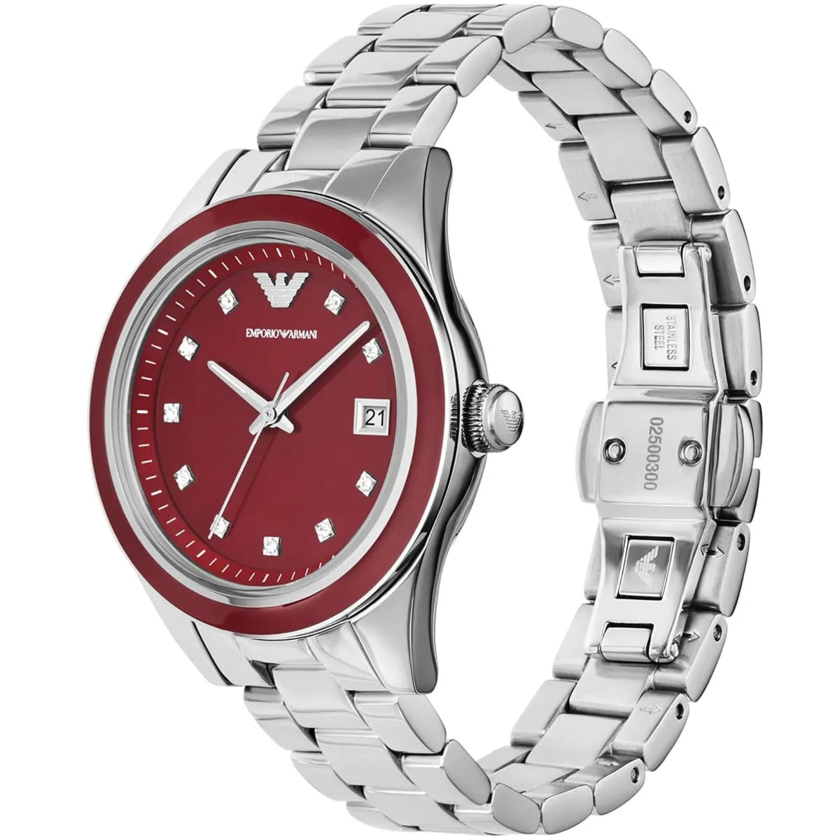 Emporio Armani Leo 36mm Red Dial Steel Ladies Quartz Watch AR11544