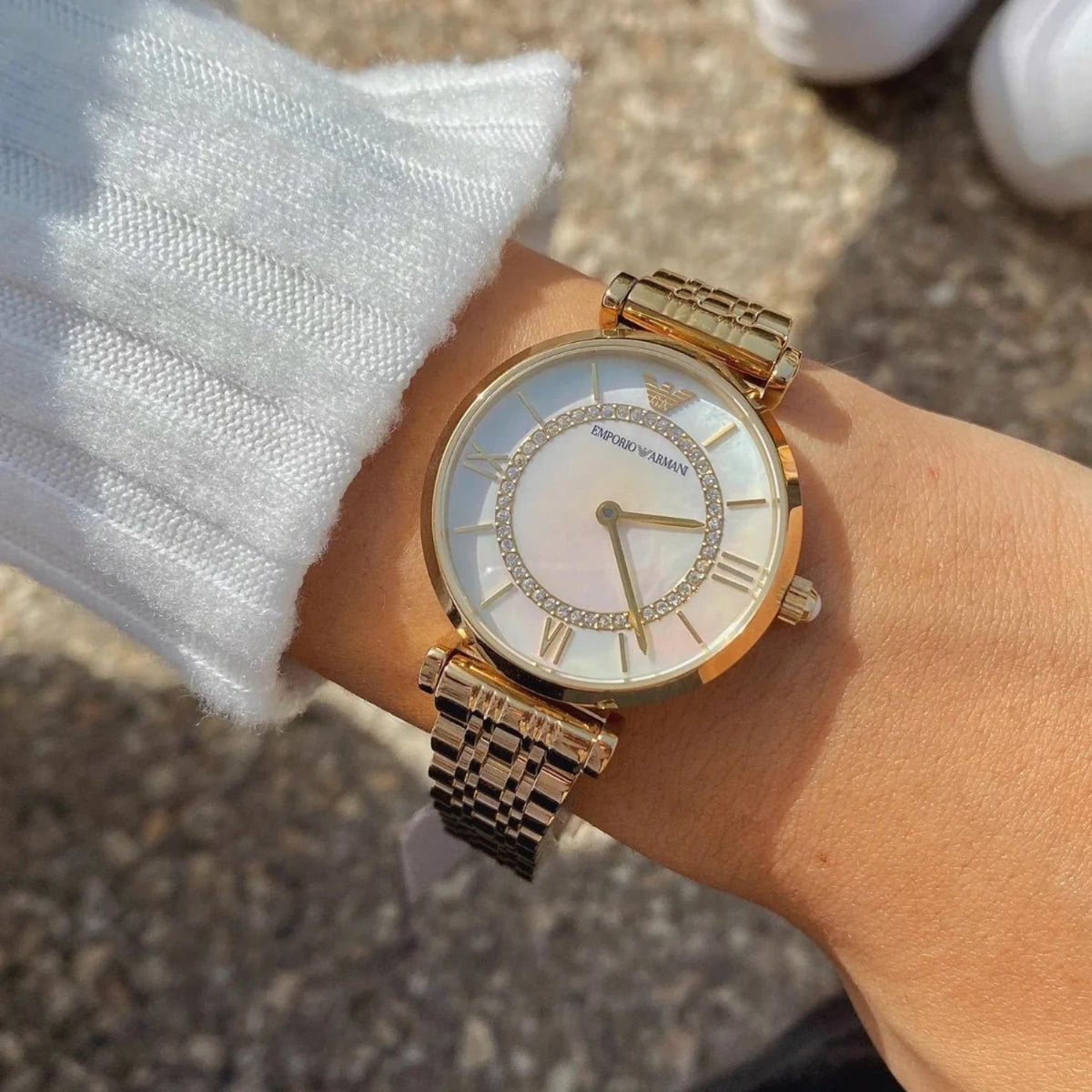 Emporio Armani Gianni T-Bar 32mm Mother of Pearl Dial Yellow Gold-Tone Steel Ladies Quartz Watch AR1907