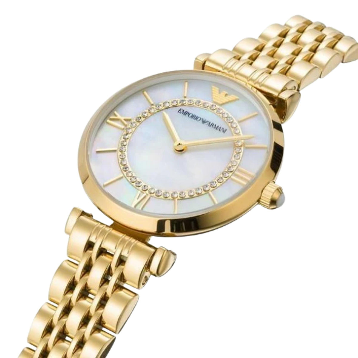 Emporio Armani Gianni T-Bar 32mm Mother of Pearl Dial Yellow Gold-Tone Steel Ladies Quartz Watch AR1907