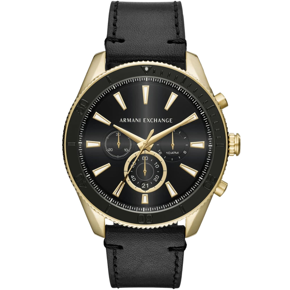 Armani Exchange Enzo 46mm Chronograph Black Dial Yellow Gold-Tone Steel Leather Mens Quartz Watch AX1818
