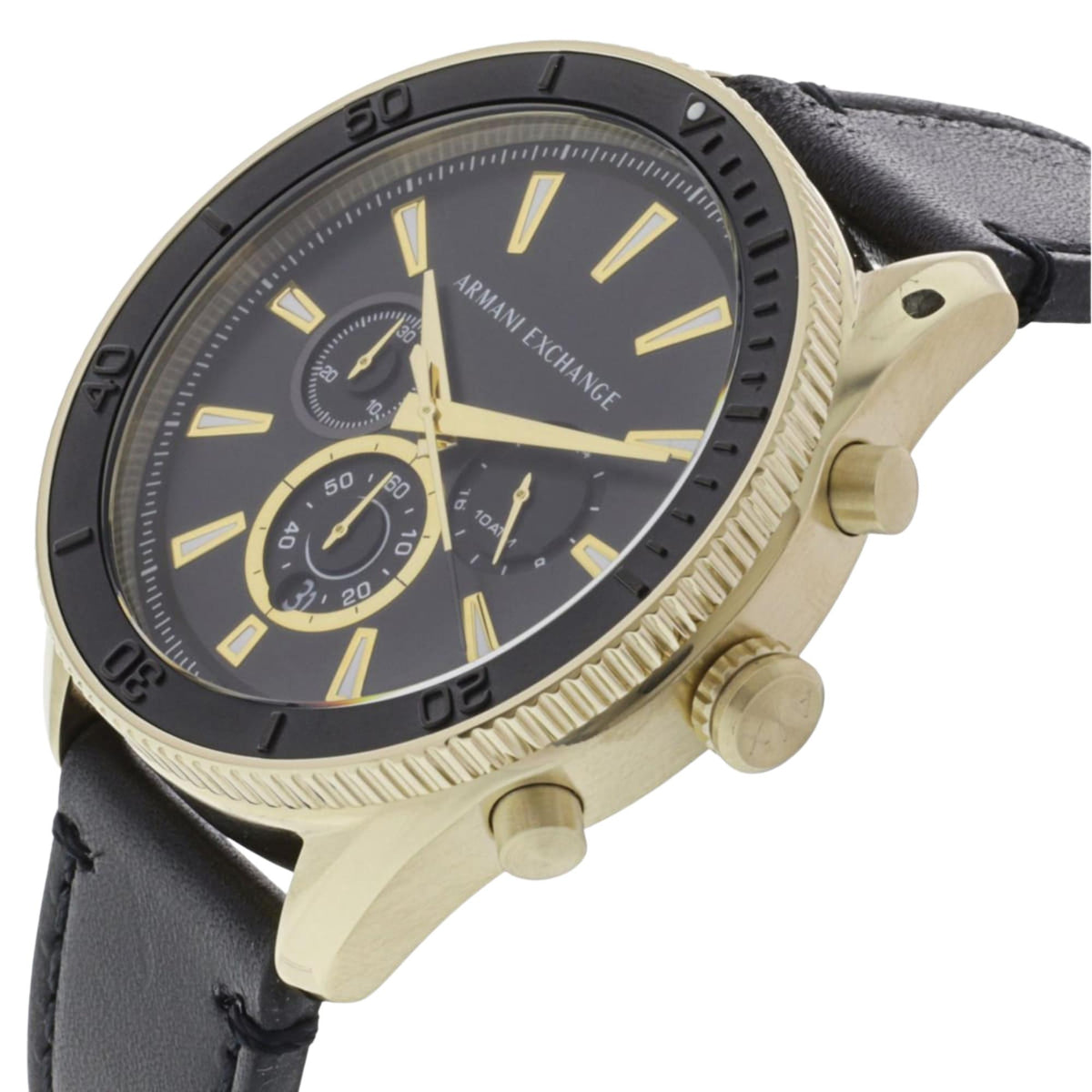 Armani Exchange Enzo 46mm Chronograph Black Dial Yellow Gold-Tone Steel Leather Mens Quartz Watch AX1818