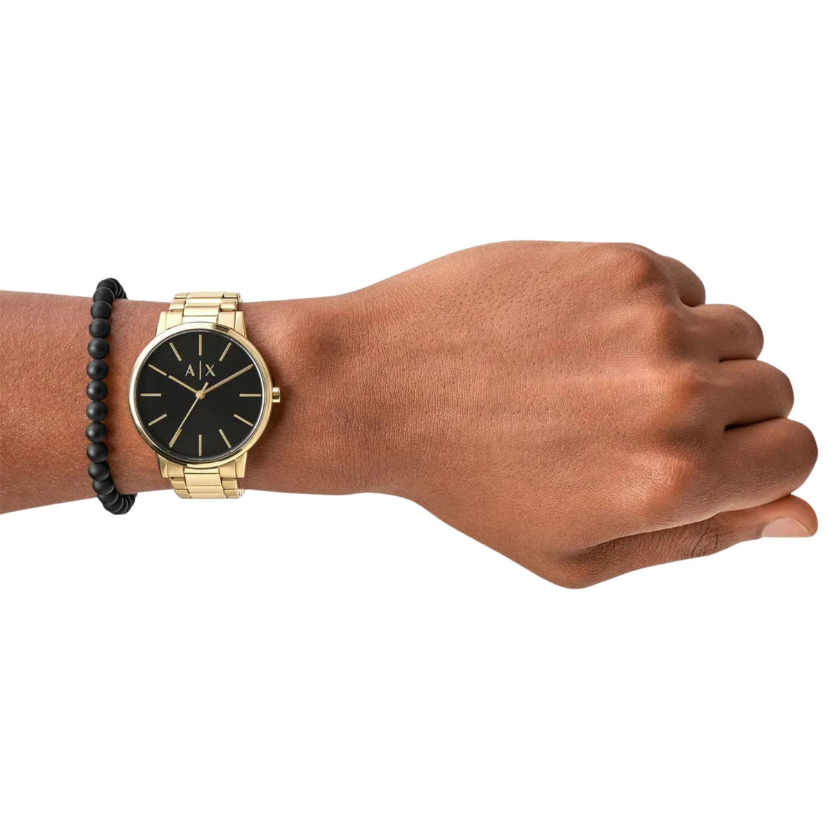 Armani Exchange Cayde 42mm Black Dial Yellow Gold-Tone Steel Mens Quartz Watch and Bracelet Gift Set AX7119