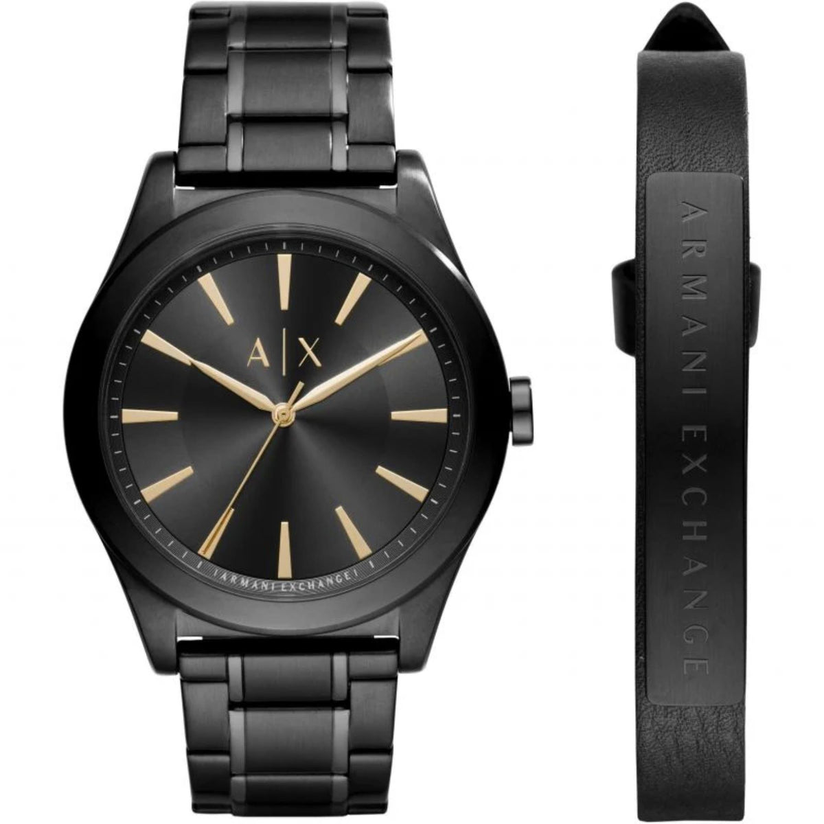 Armani Exchange Nico 44mm Black Dial Steel Mens Quartz Watch and Bracelet Gift Set AX7102