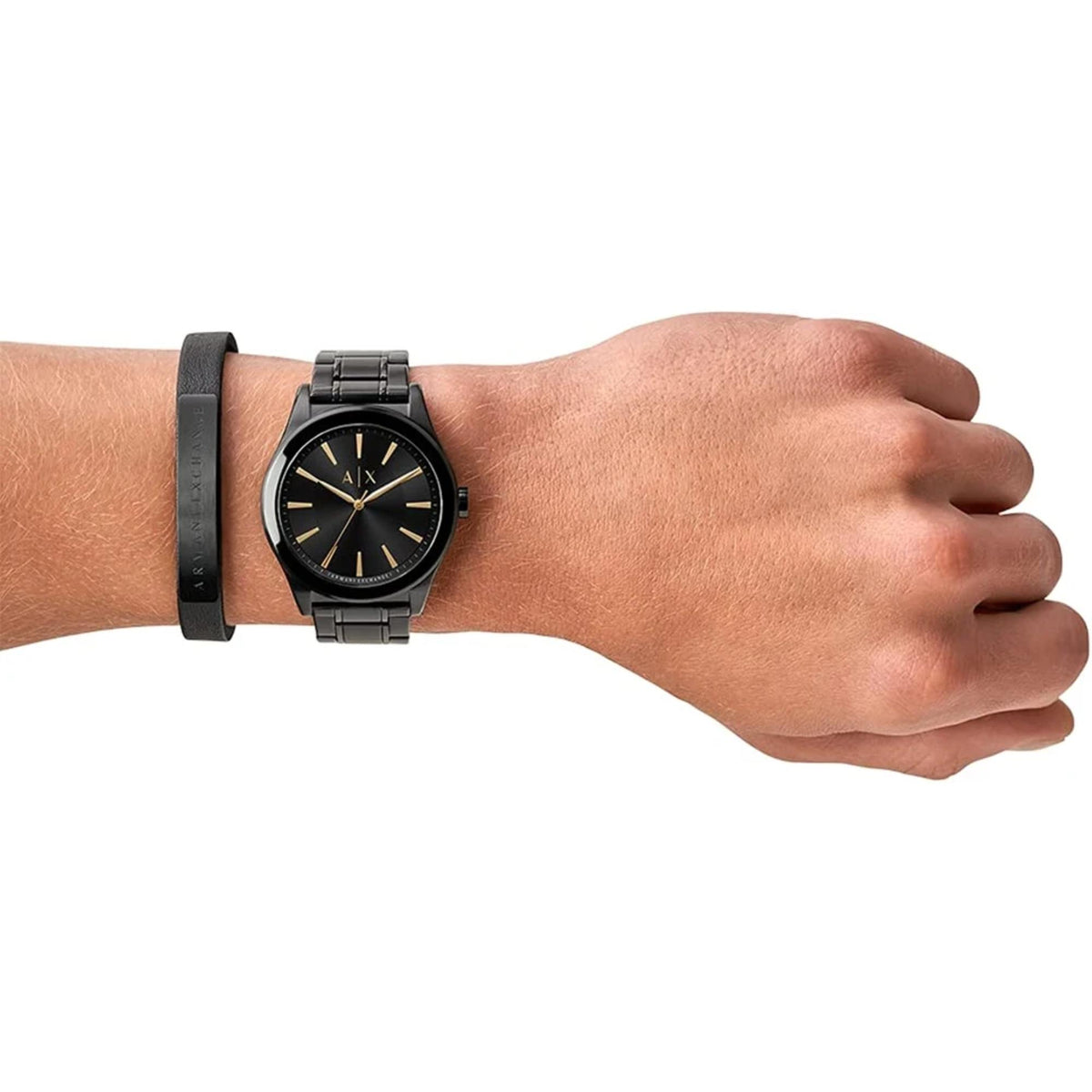 Armani Exchange Nico 44mm Black Dial Steel Mens Quartz Watch and Bracelet Gift Set AX7102