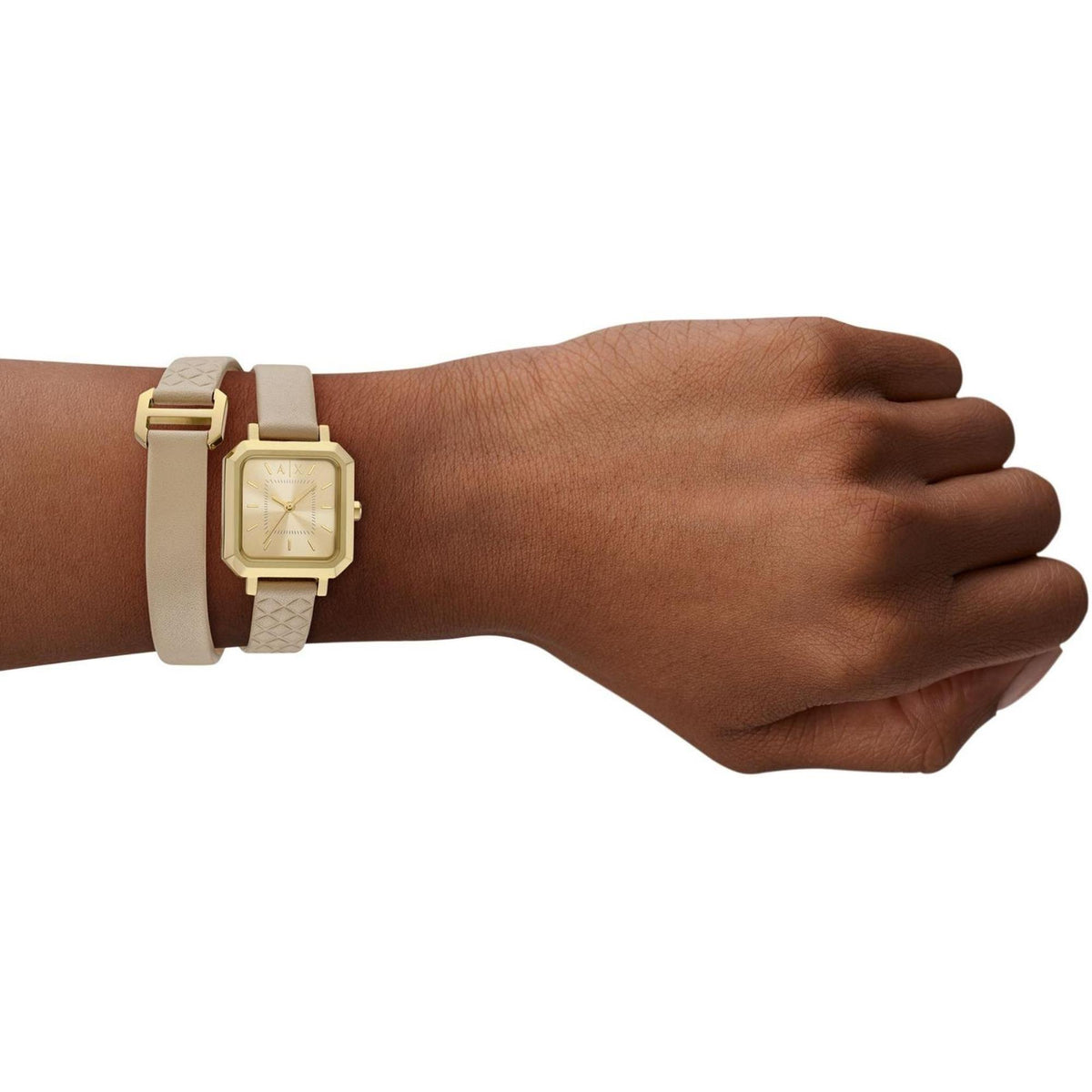Armani Exchange Leila 27mm Yellow Gold-Tone Dial Leather Ladies Quartz Watch AX5728
