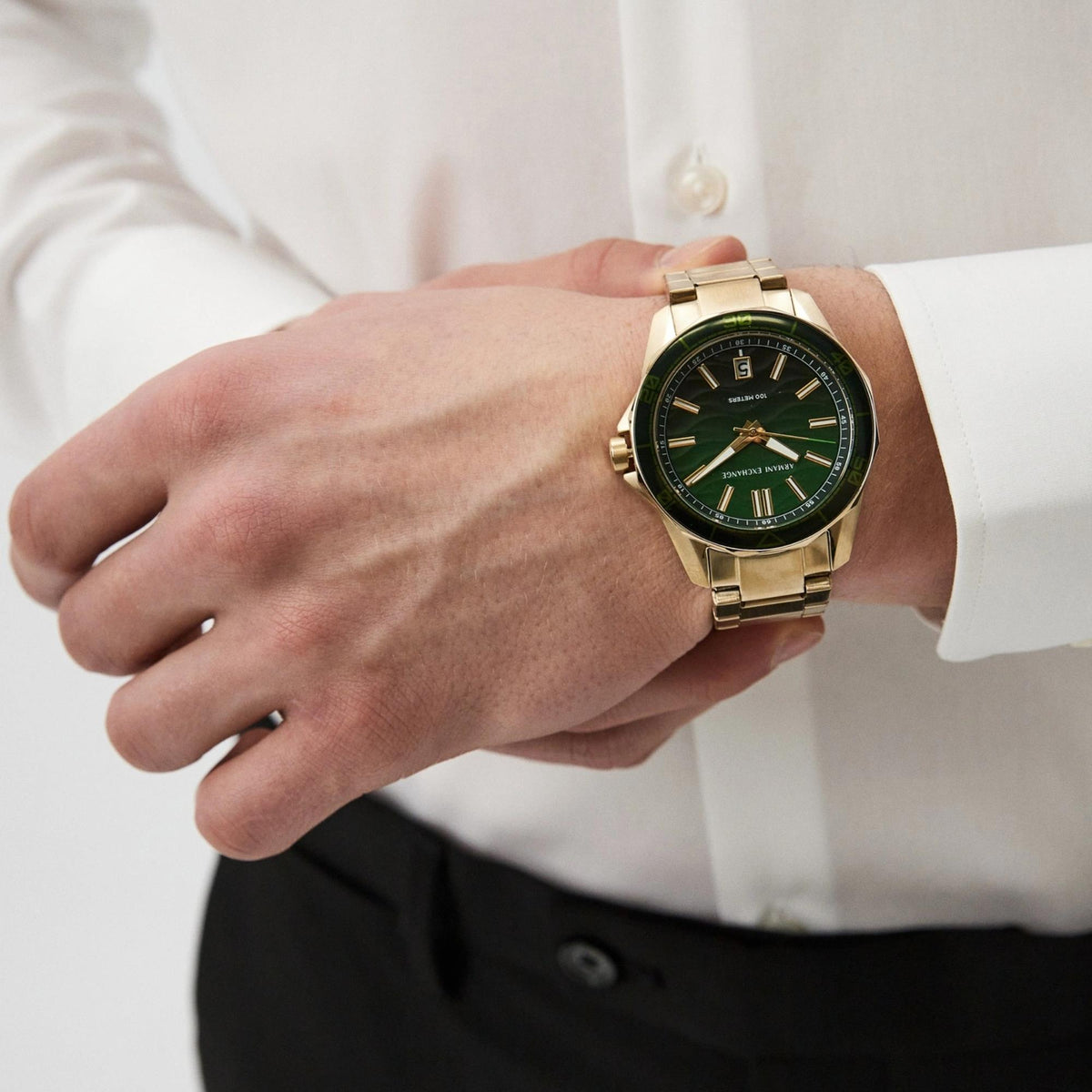 Armani Exchange Spencer 44mm Green Dial Yellow Gold-Tone Steel Mens Quartz Watch AX1951