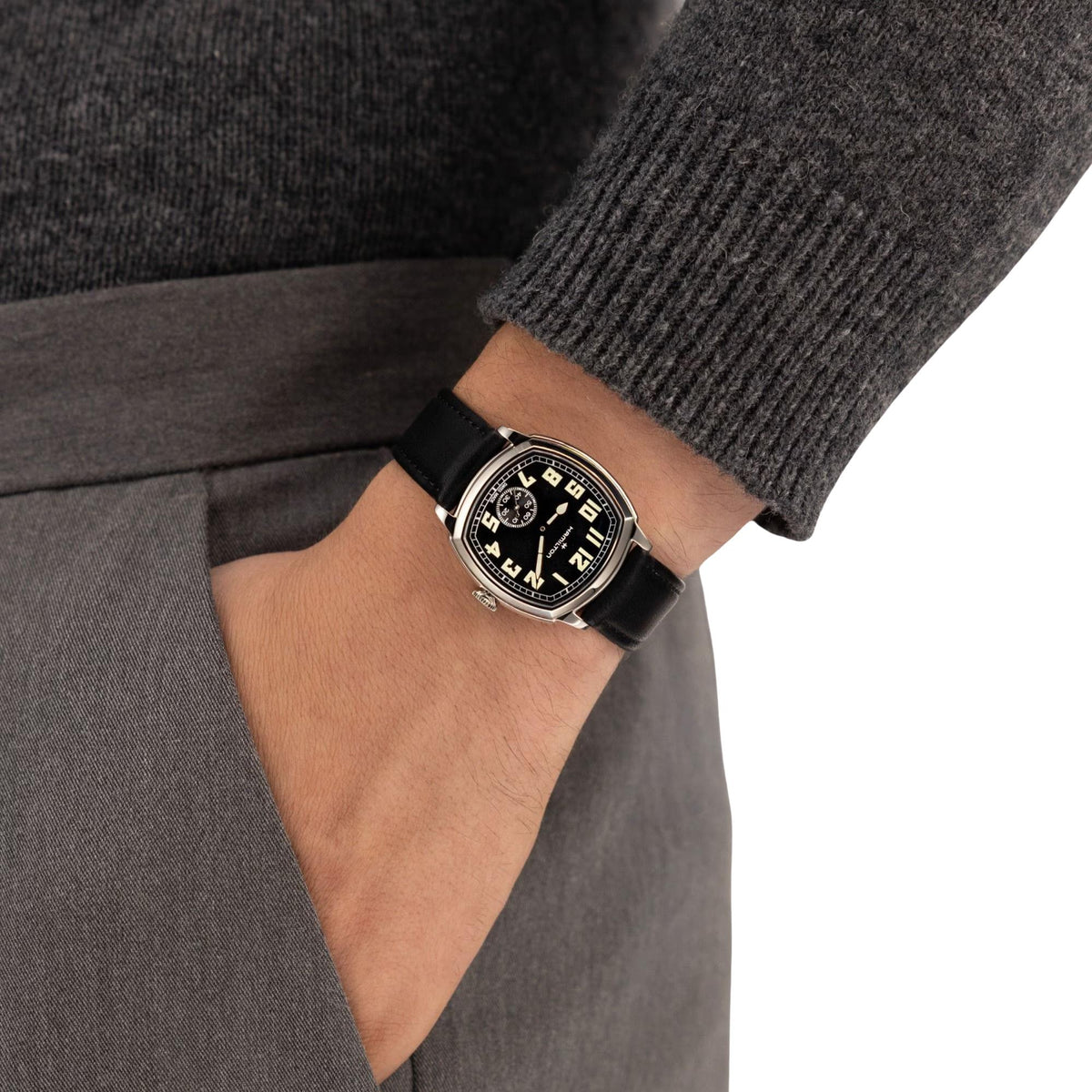 Hamilton American Classic Cushion 34mm Black Dial Leather Mens Manual-Wind Watch H36129730