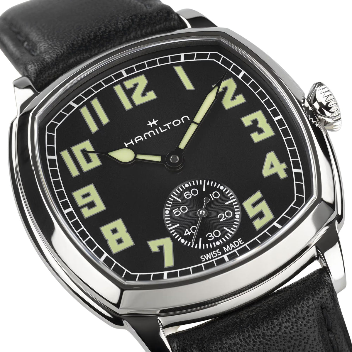 Hamilton American Classic Cushion 34mm Black Dial Leather Mens Manual-Wind Watch H36129730