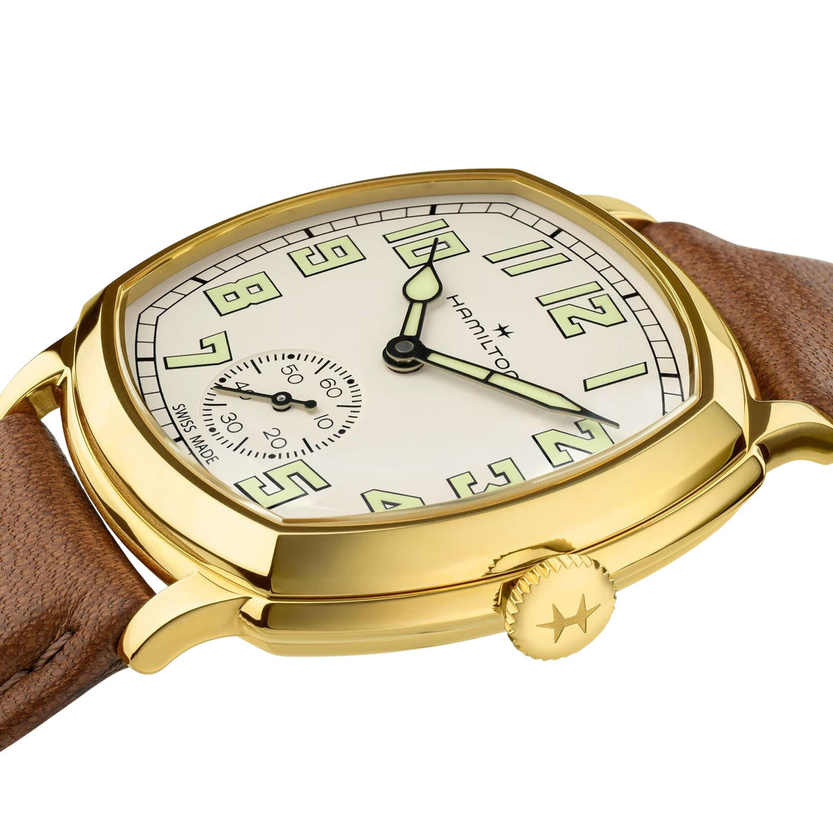 Hamilton American Classic Cushion Mechanical 34mm Beige Dial Yellow Gold-Tone Steel Leather Mens Manual-Wind Watch H36139520