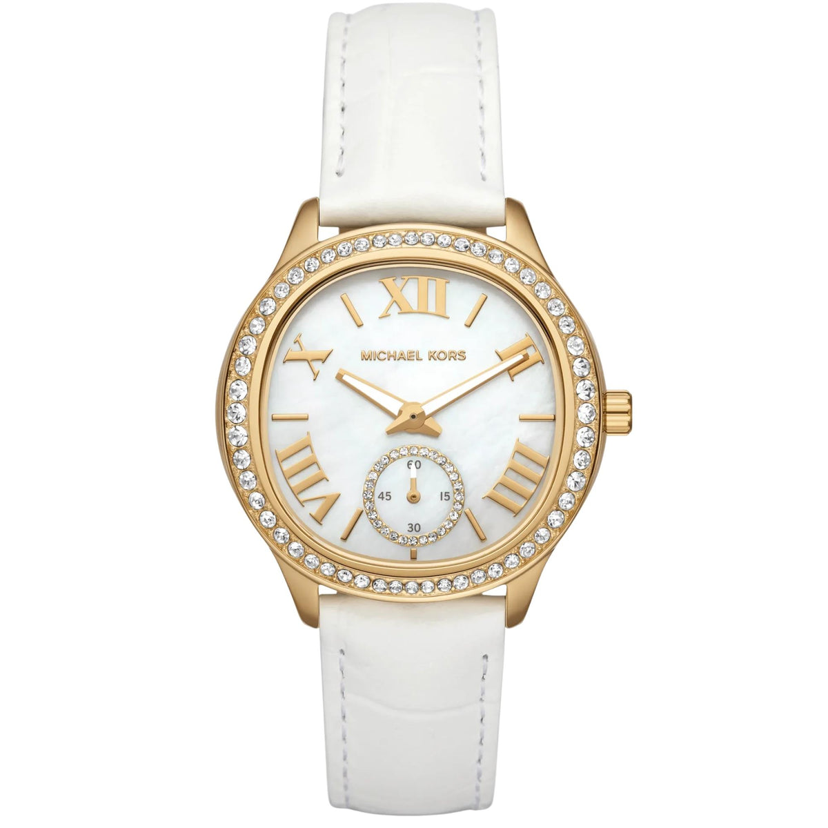 Michael Kors Sage Pavé 38mm Mother of Pearl Dial Yellow Gold-Tone Steel Leather Ladies Quartz Watch MK4818