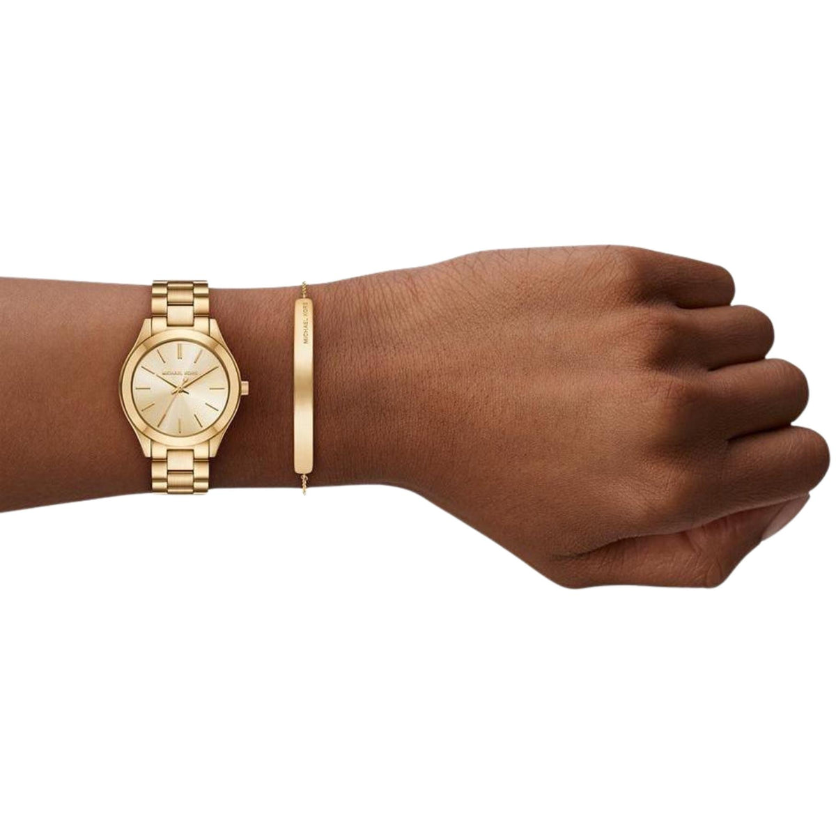Michael Kors Slim Runway 32mm Gold Dial Yellow Gold-Tone Steel Ladies Quartz Watch Gift Set MK7561SET