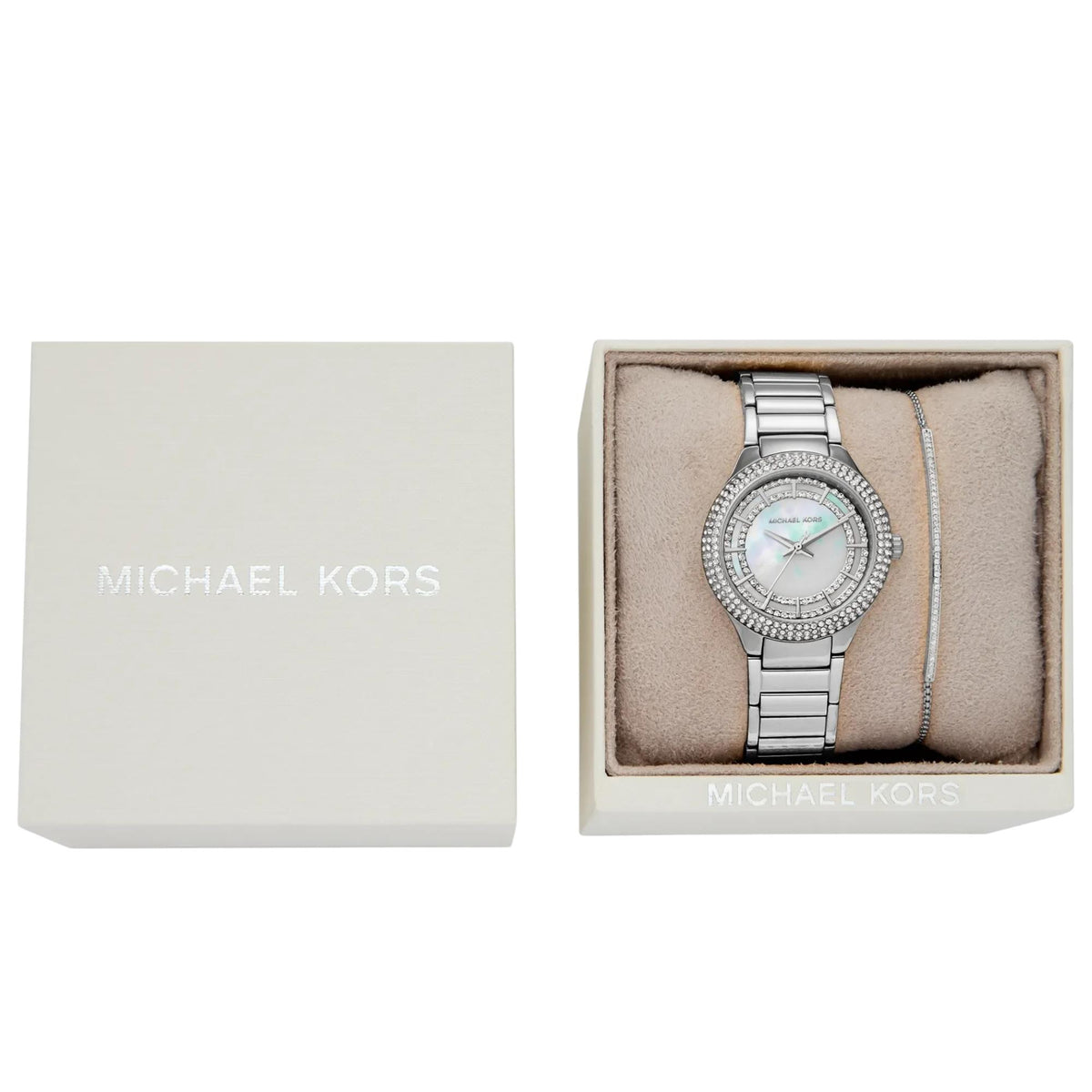 Michael Kors Mini Sylvia Pavé 33mm Mother of Pearl Dial Steel Ladies Quartz Watch and Bracelet Gift Set MKO9019SET