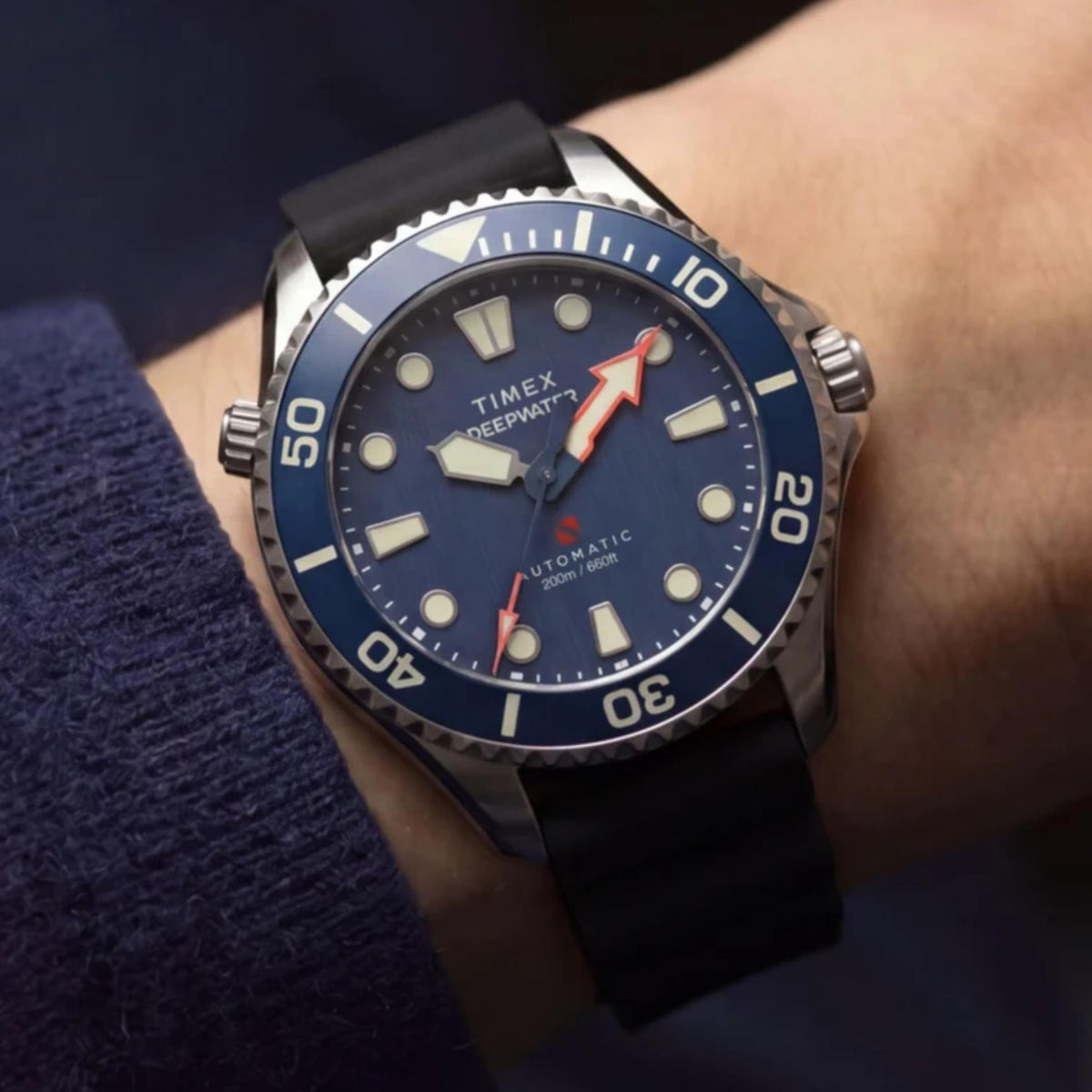 Timex Deepwater Meridian 44mm Blue Dial Rubber Mens Automatic Watch TW3A01700