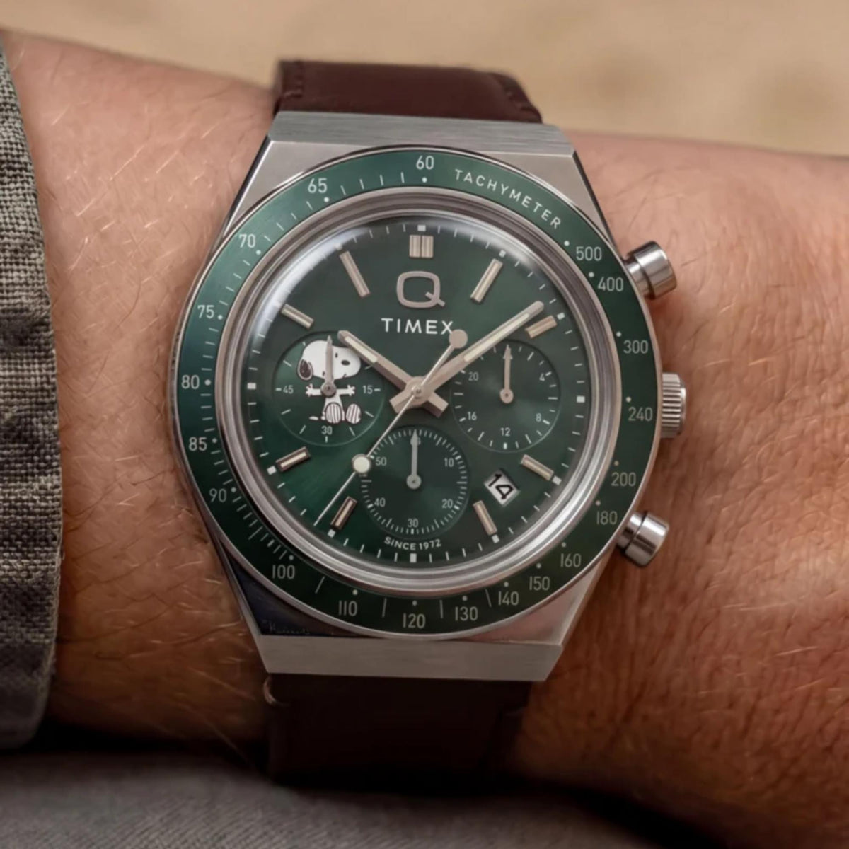 Timex Peanuts x Q Timex 40mm Chronograph Green Dial Leather Mens Quartz Watch TW6A04400