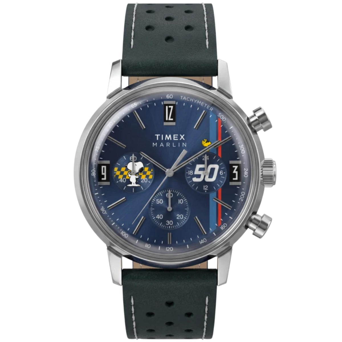 Timex Peanuts x Marlin 40mm Chronograph Blue Dial Leather Mens Quartz Watch TW2Y85300