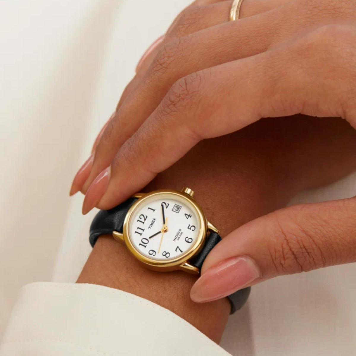 Timex Easy Reader 25mm White Dial Yellow Gold-Tone Steel Leather Ladies Quartz Watch T2H341