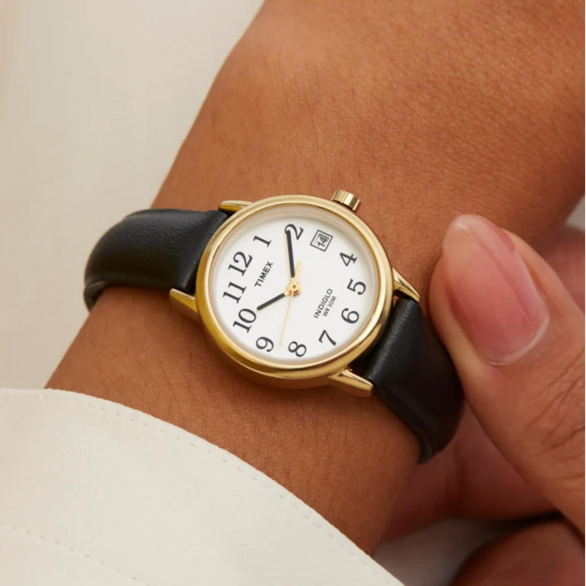 Timex Easy Reader 25mm White Dial Yellow Gold-Tone Steel Leather Ladies Quartz Watch T2H341