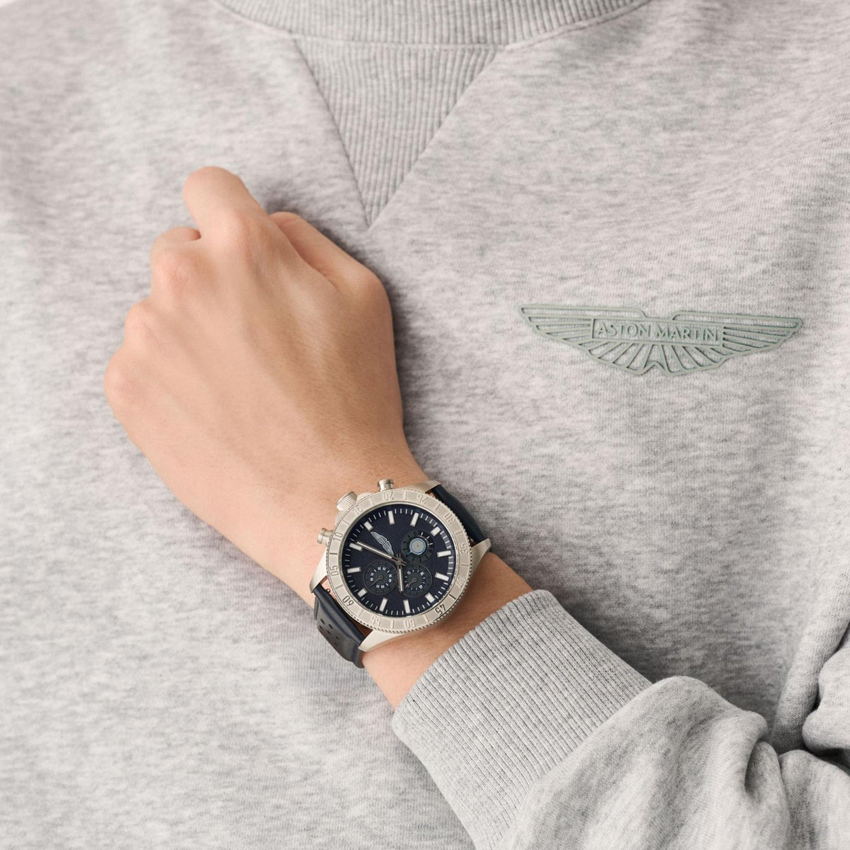 Aston Martin Icon SPT 44mm Chronograph Blue Dial Steel and Leather Mens Quartz Watch MTIS3F607