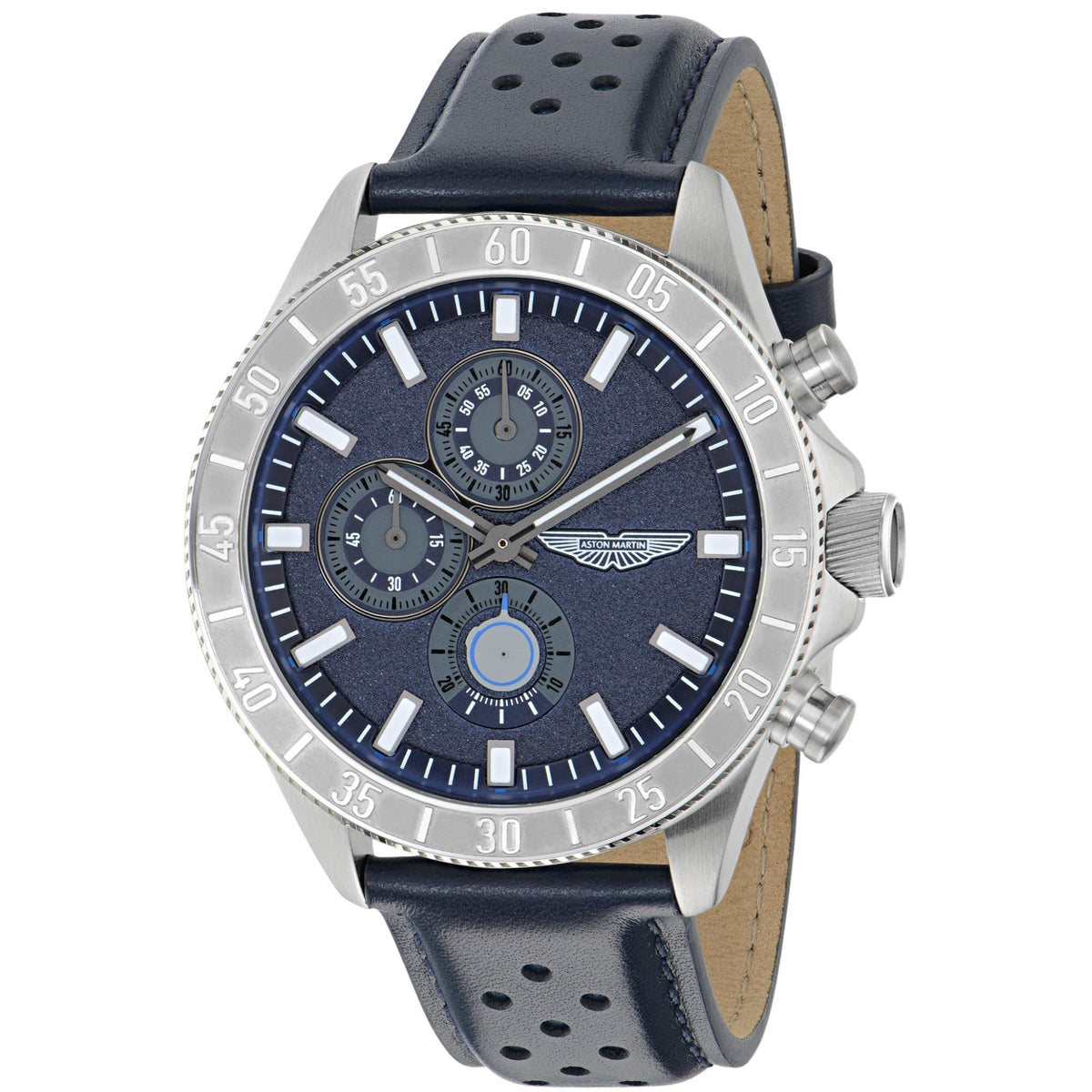 Aston Martin Icon SPT 44mm Chronograph Blue Dial Steel and Leather Mens Quartz Watch MTIS3F607