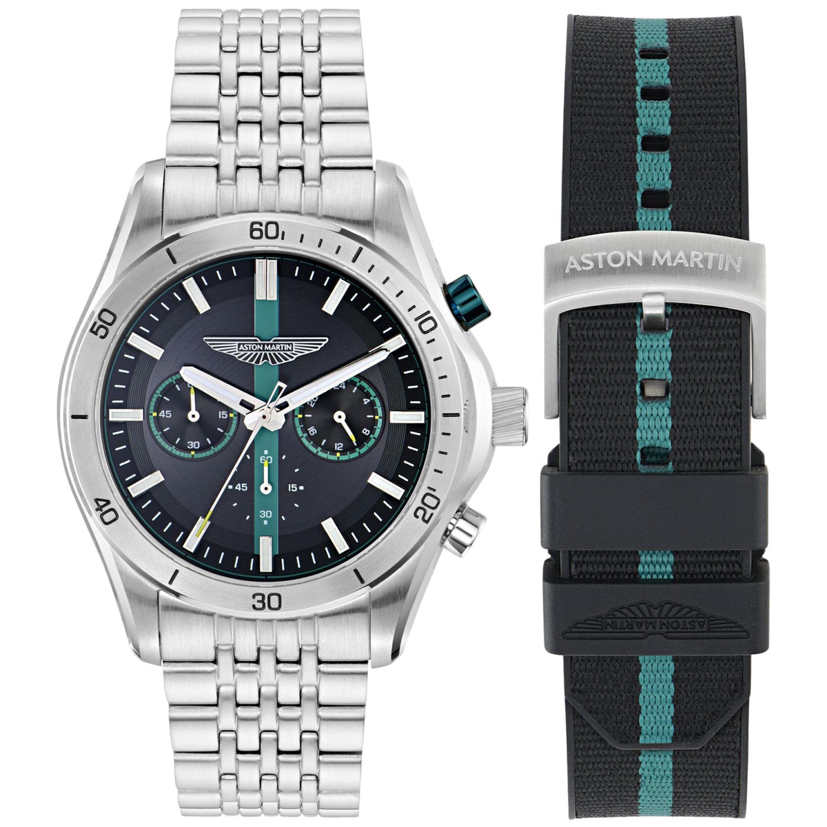 Aston Martin Thrill CLP 45mm Chronograph Black Dial Steel and Silicone Mens Quartz Watch MTRL1F607