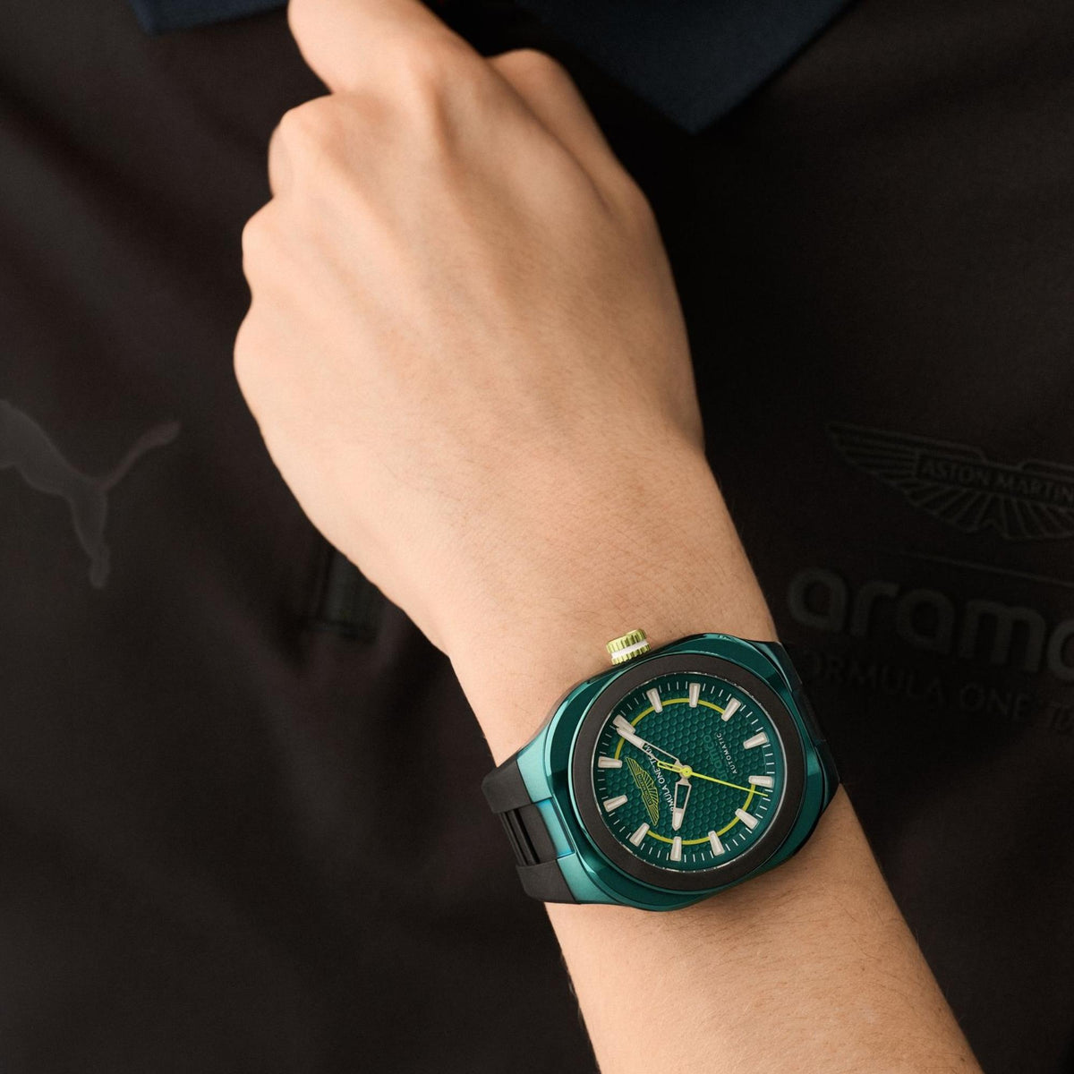 Aston Martin Aramco Formula One Team CMB 42mm Green Dial Silicone Mens Automatic Watch MTFC1F602