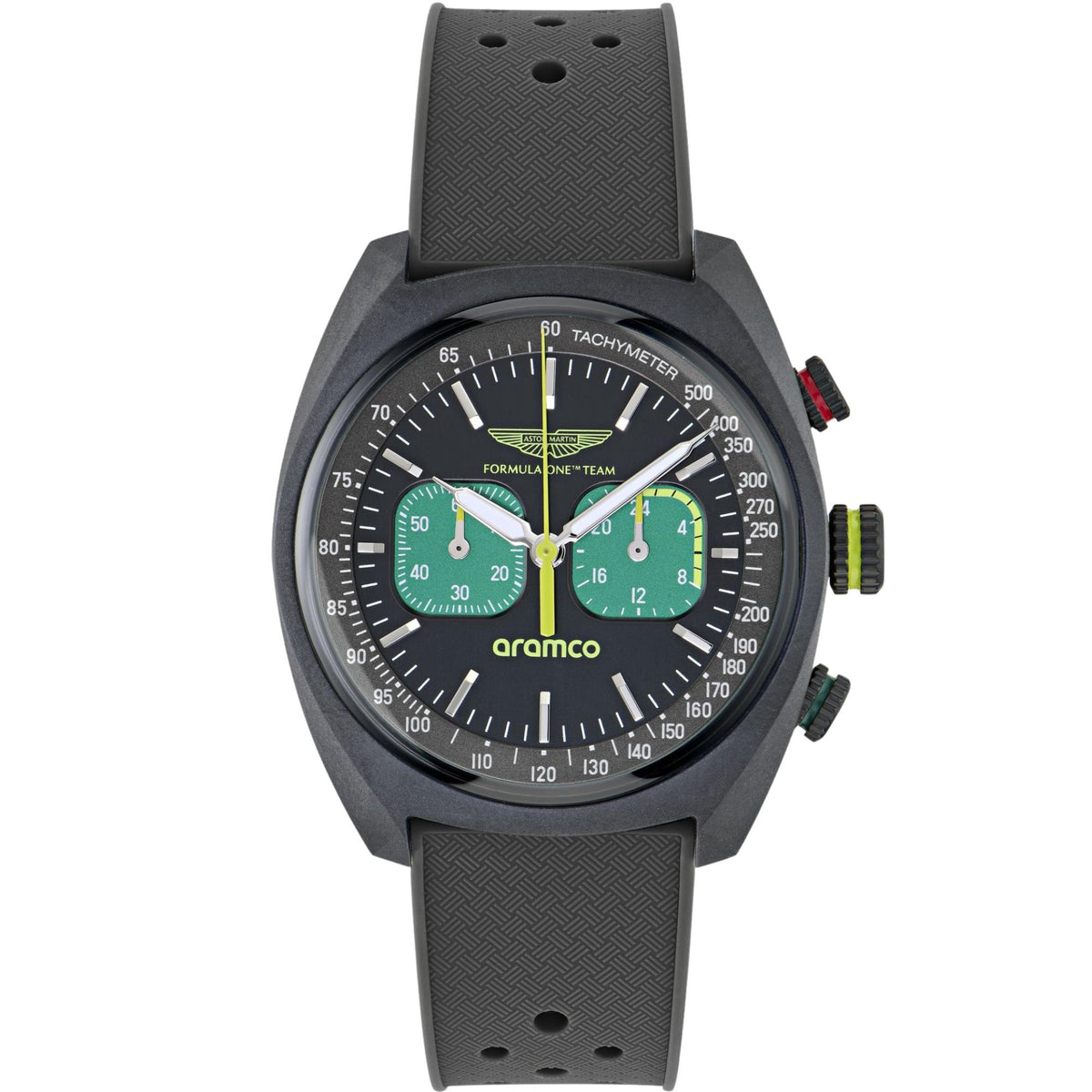 Aston Martin Aramco Formula One Team DWF 43mm Chronograph Black Dial Silicone Mens Quartz Watch MTFD2F602